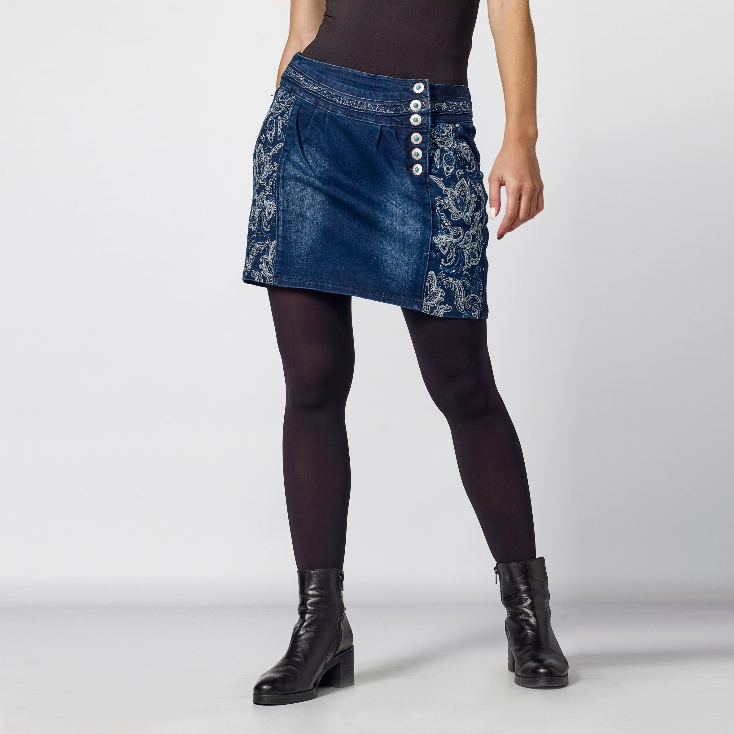 Falda Vaquera Mujer con Bordado en Lúrex y Tachas – Koroshi Azul Oscuro