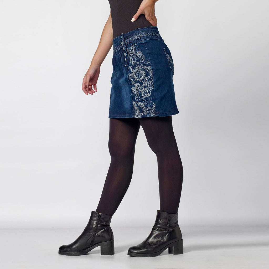 Falda Vaquera Mujer con Bordado en Lúrex y Tachas – Koroshi Azul Oscuro