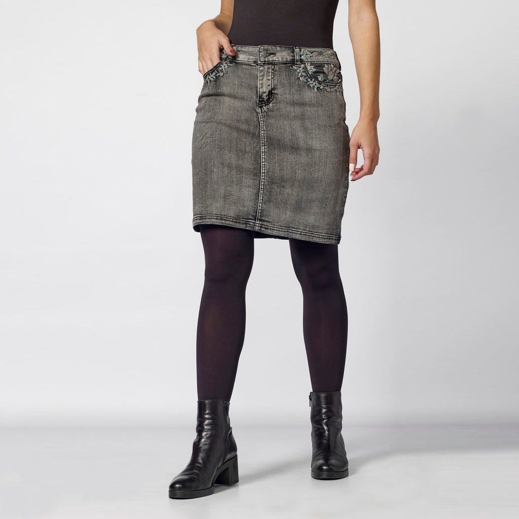 Falda Vaquera Mujer Bolsillos Jacquard Bordado Floral – Koroshi Gris