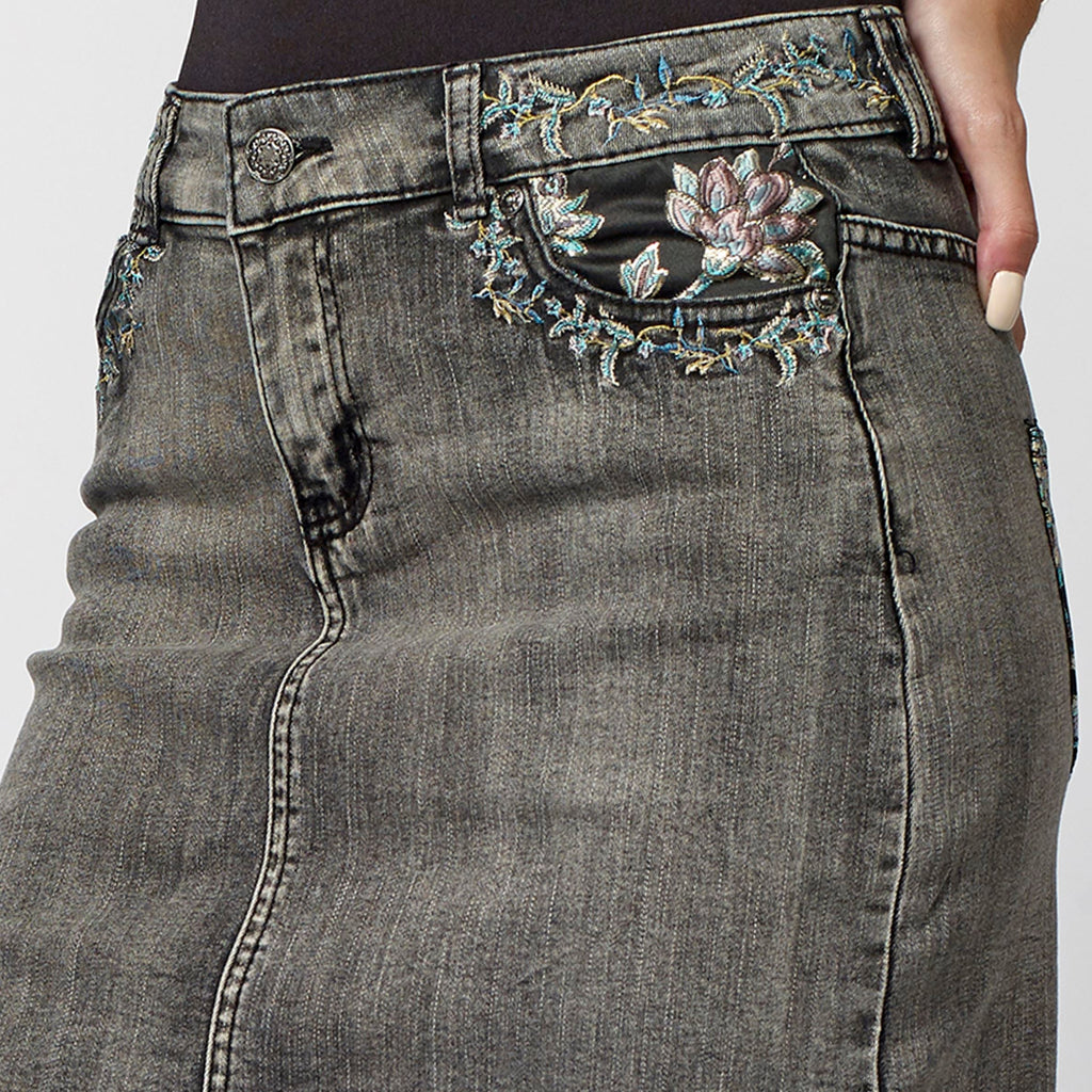 Falda Vaquera Mujer Bolsillos Jacquard Bordado Floral – Koroshi Gris