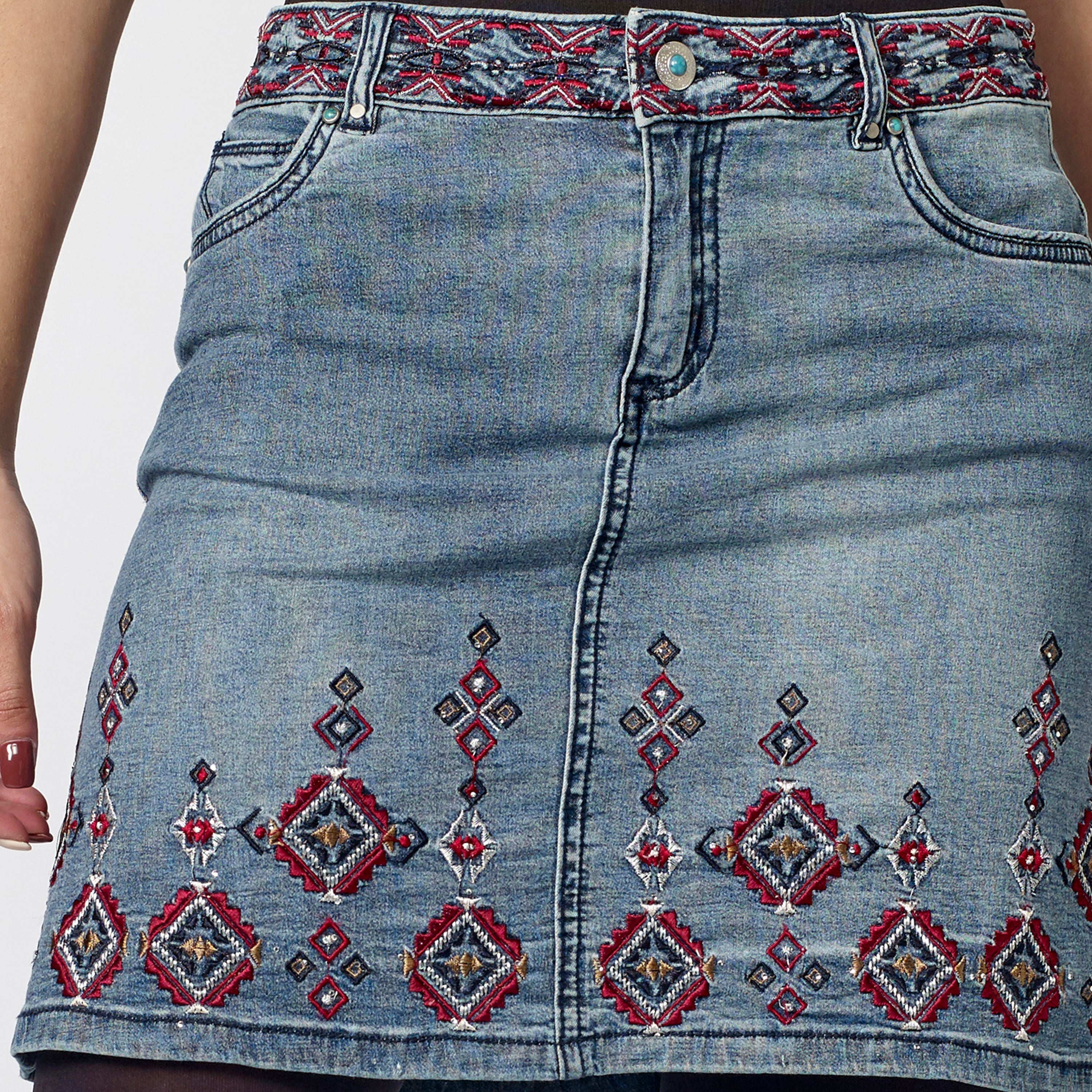 Falda Vaquera Mujer Trapecio Bordado Geométrico – Koroshi Azul Medio
