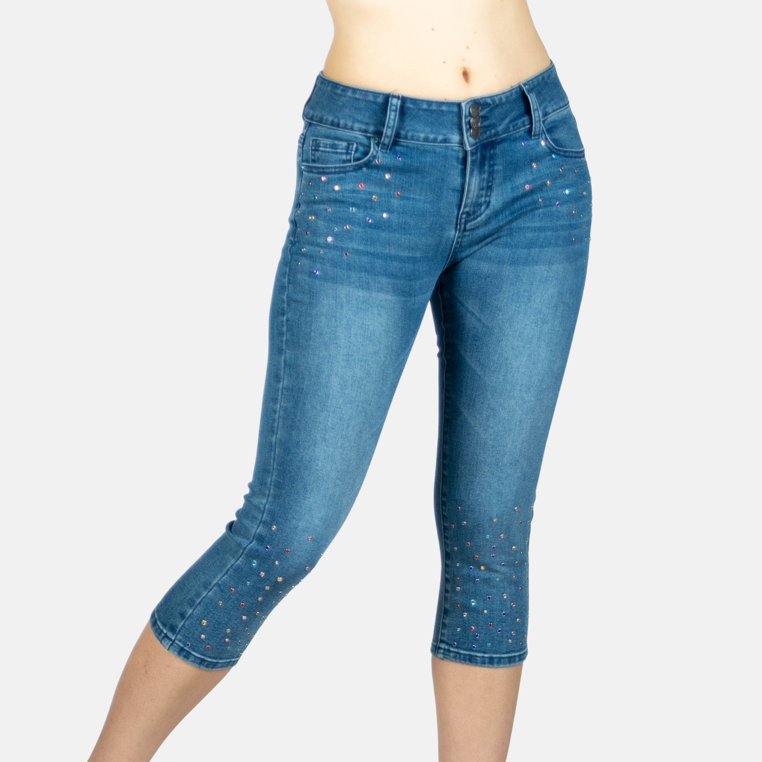 Pantalón Pirata Mujer Slim Fit Denim con Cristales – Koroshi Azul Oscuro