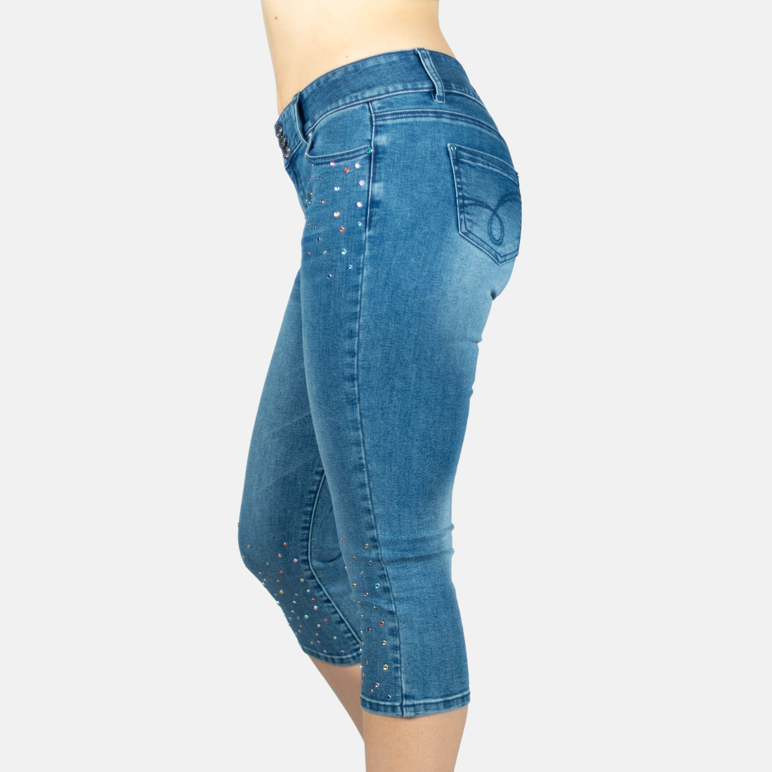 Pantalón Pirata Mujer Slim Fit Denim con Cristales – Koroshi Azul Oscuro