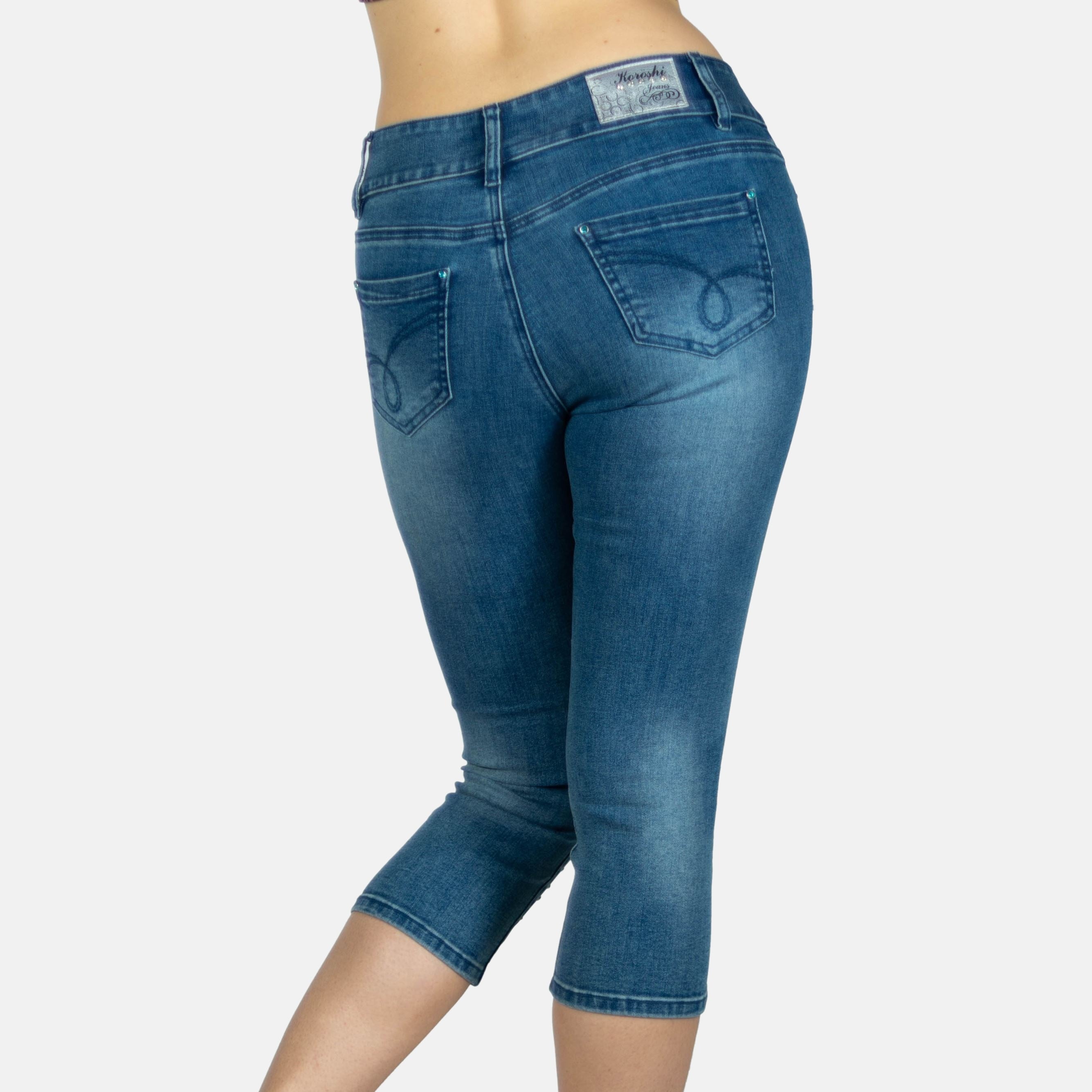 Pantalón Pirata Mujer Slim Fit Denim con Cristales – Koroshi Azul Oscuro