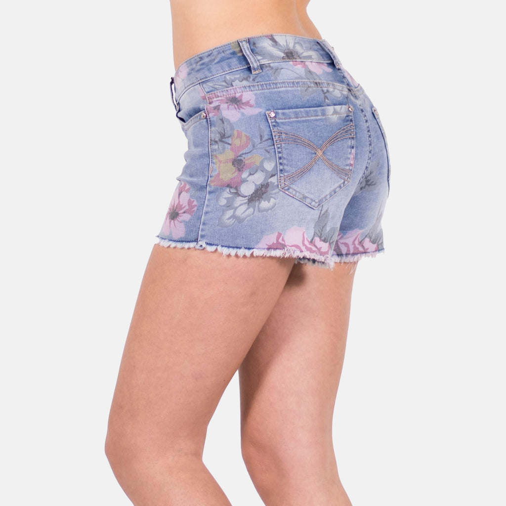 Mini Short Denim Mujer Estampado Floral – Koroshi Azul Medio