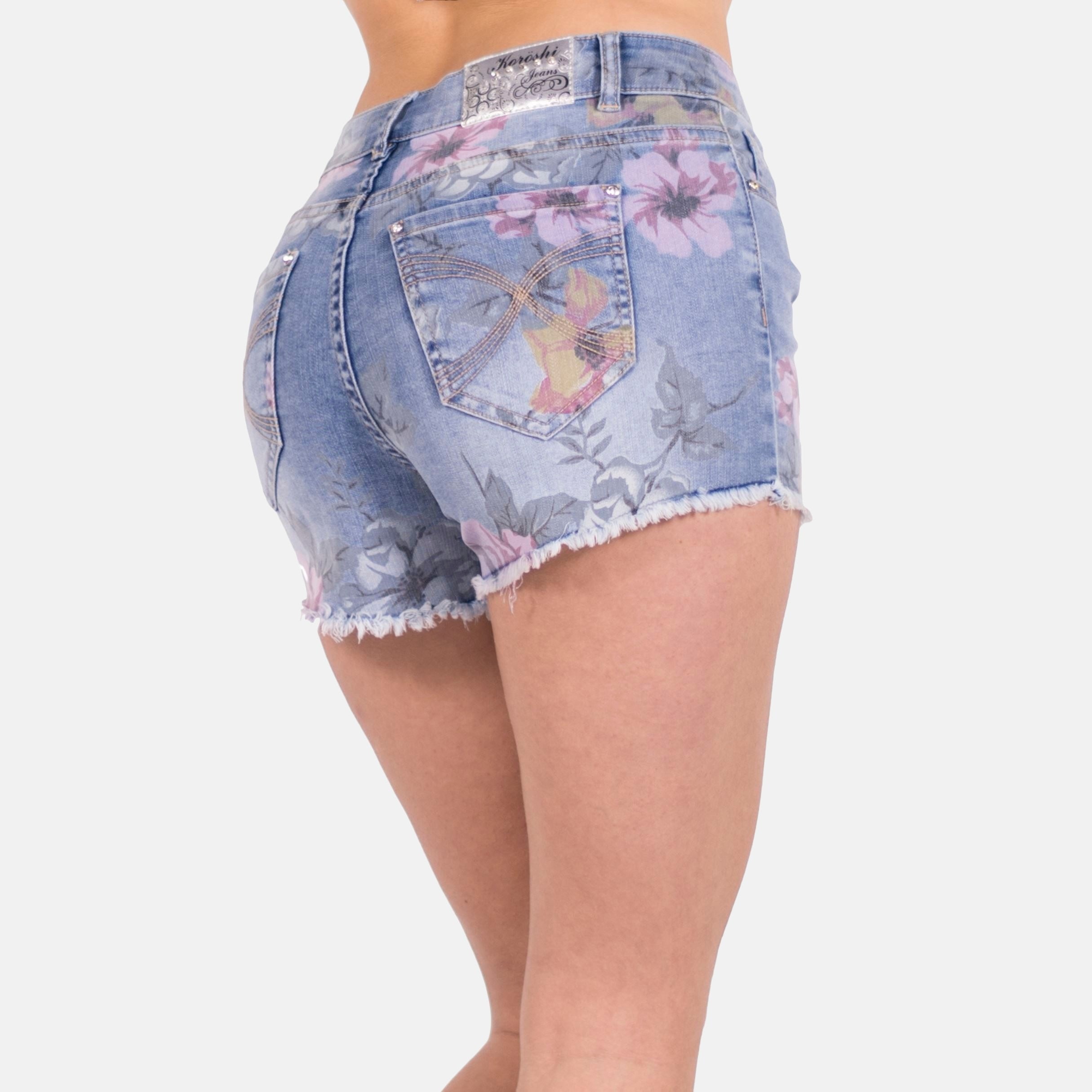 Mini Short Denim Mujer Estampado Floral – Koroshi Azul Medio