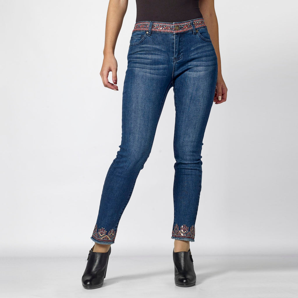 Pantalón Vaquero Slim Mujer Bordado Étnico – Koroshi Azul Oscuro