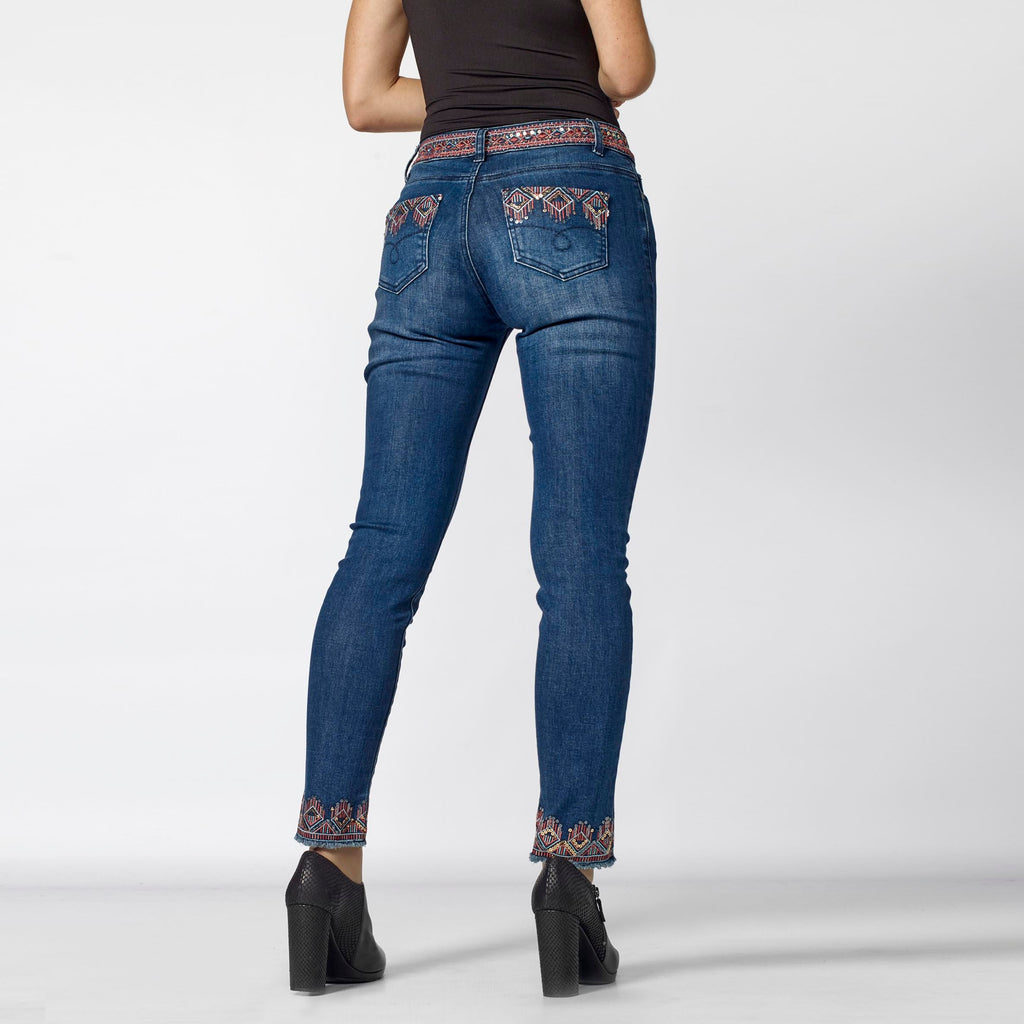 Pantalón Vaquero Slim Mujer Bordado Étnico – Koroshi Azul Oscuro