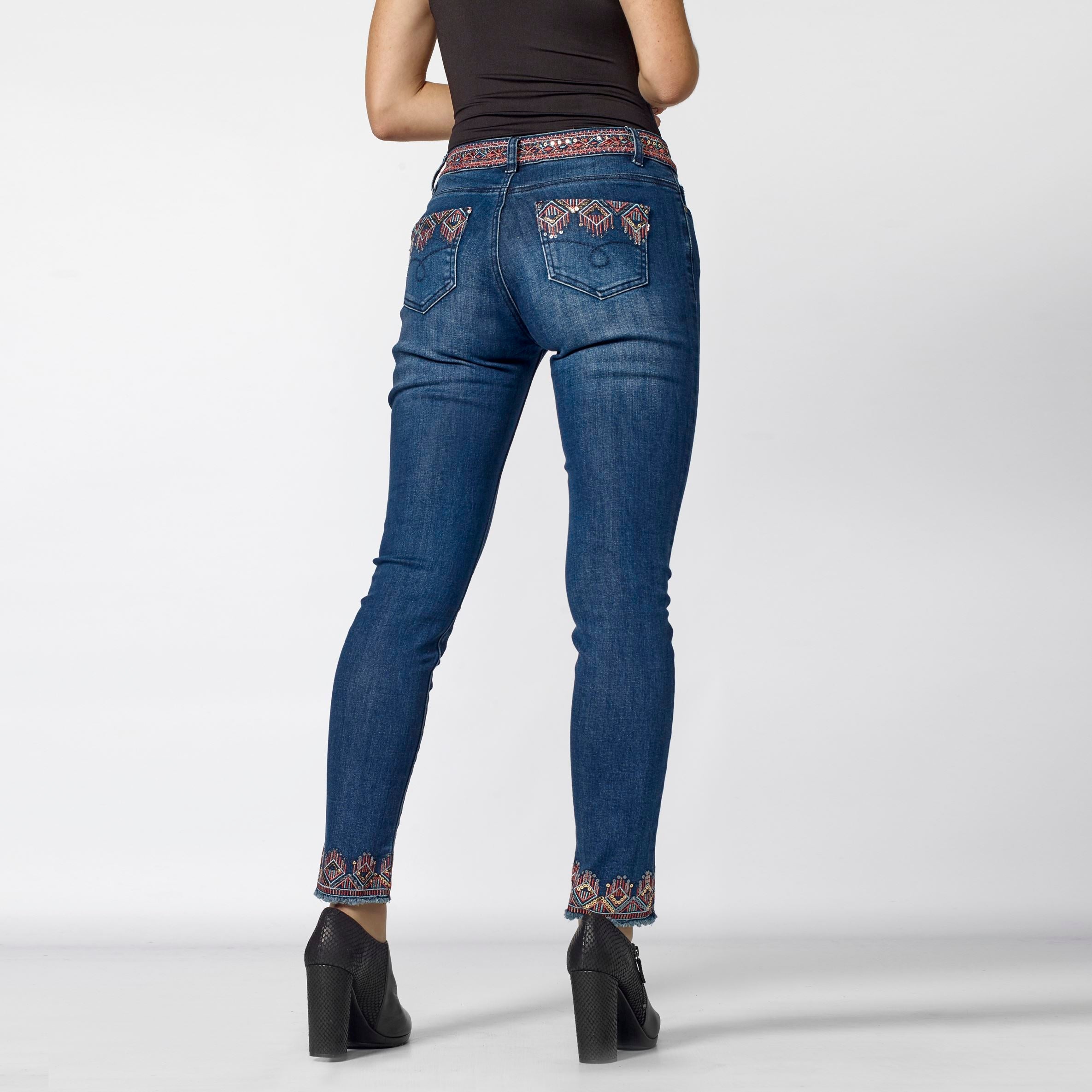 Pantalón Vaquero Slim Mujer Bordado Étnico – Koroshi Azul Oscuro