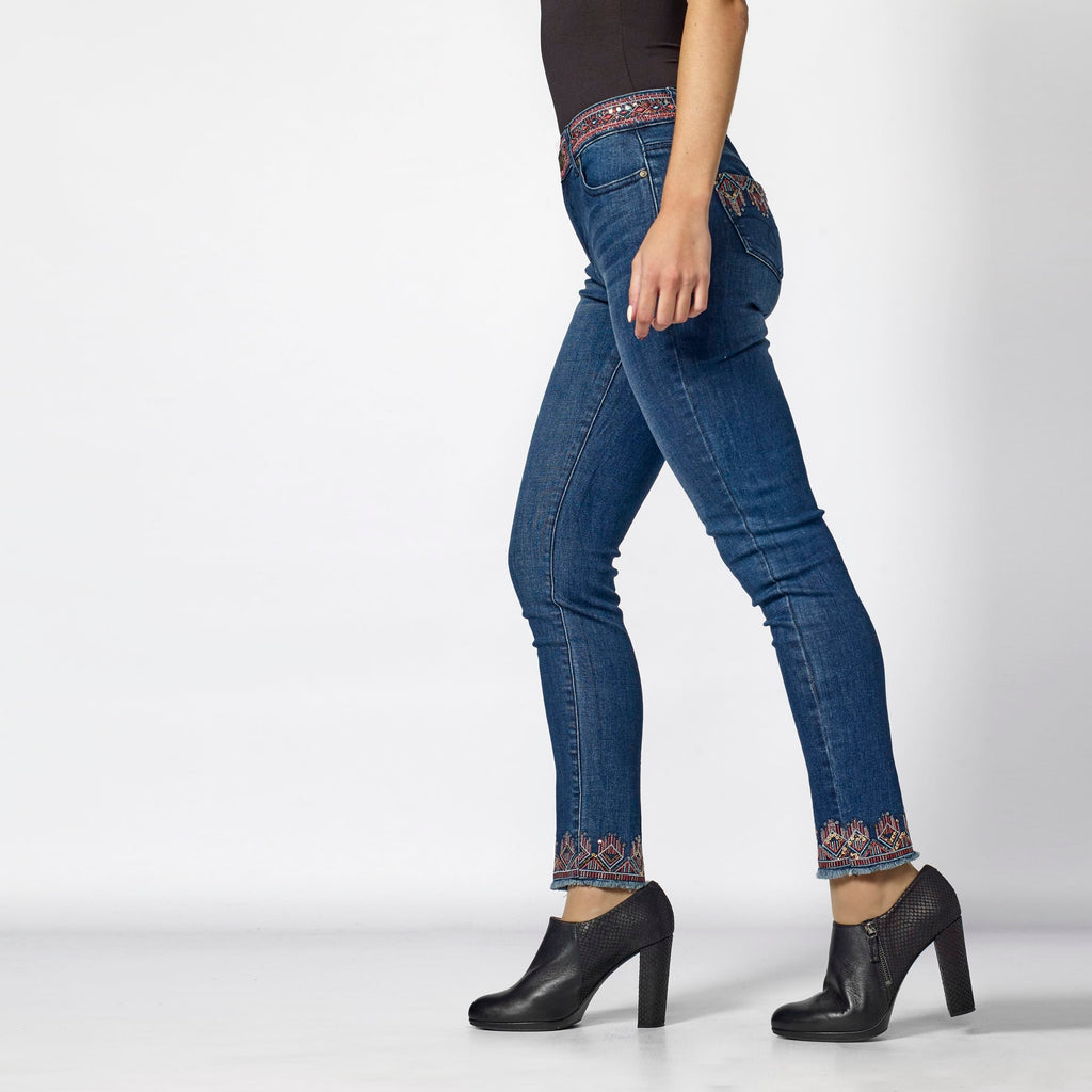 Pantalón Vaquero Slim Mujer Bordado Étnico – Koroshi Azul Oscuro