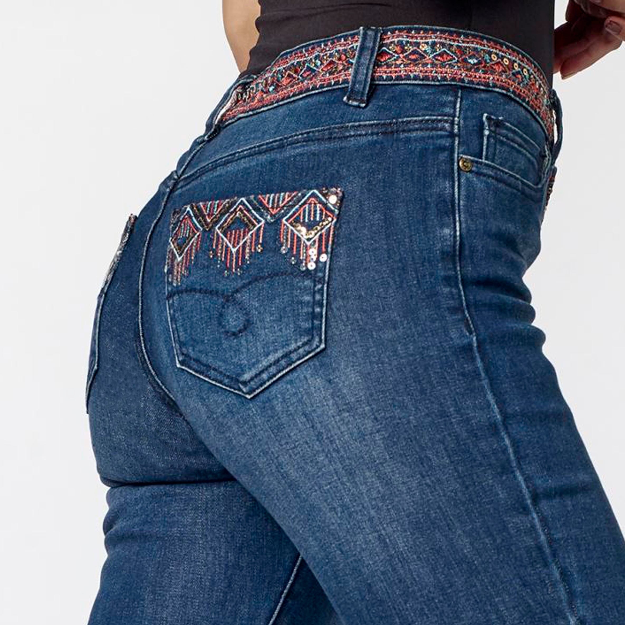 Pantalón Vaquero Slim Mujer Bordado Étnico – Koroshi Azul Oscuro