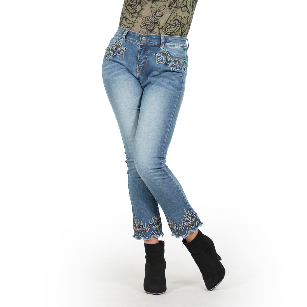 Pantalón Vaquero Slim Mujer Bordado en el Bajo – Koroshi Azul Medio