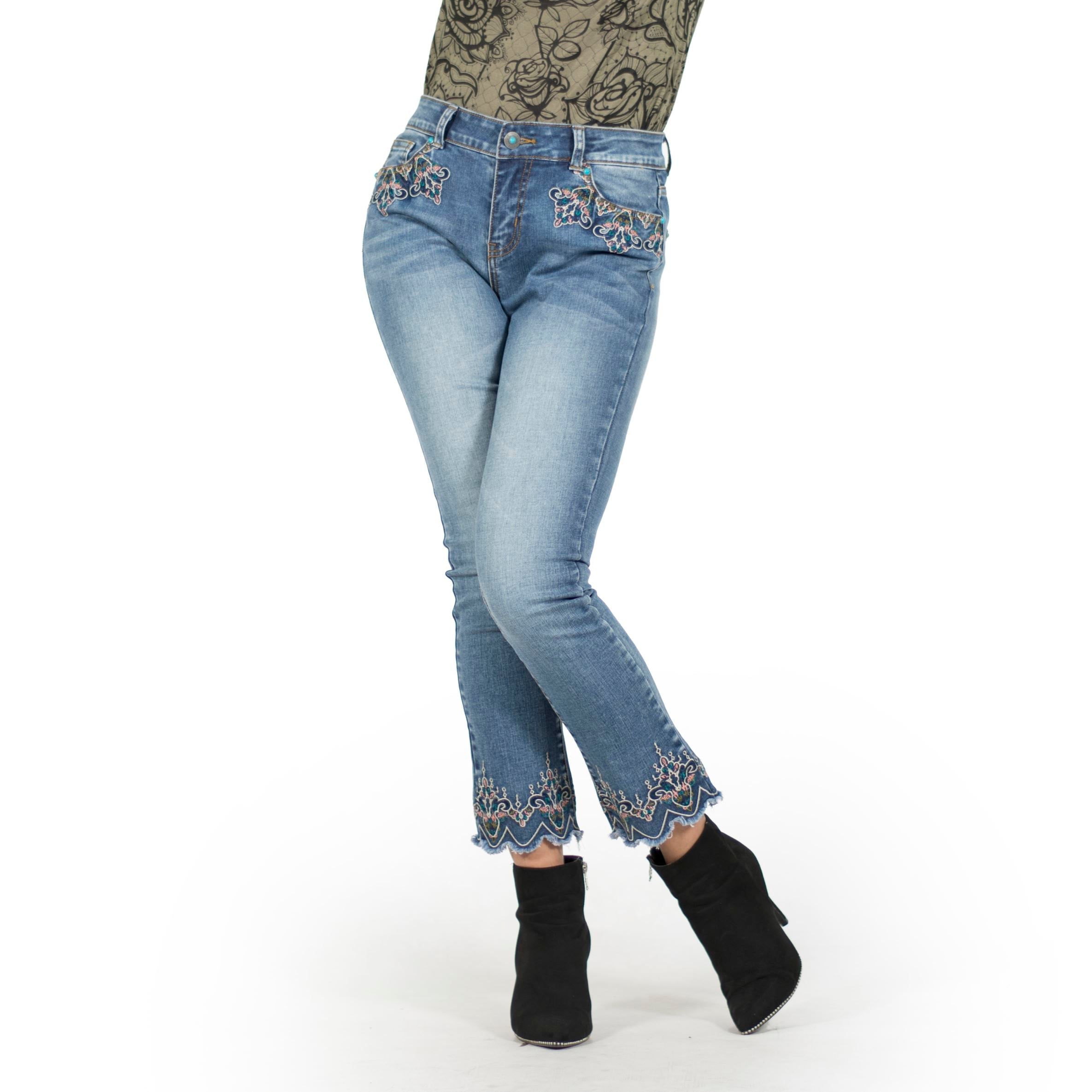 Pantalón Vaquero Slim Mujer Bordado en el Bajo – Koroshi Azul Medio