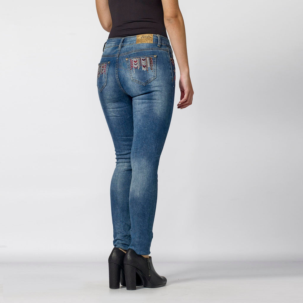 Pantalón Vaquero Skinny Mujer Bordado Étnico – Koroshi Azul Oscuro