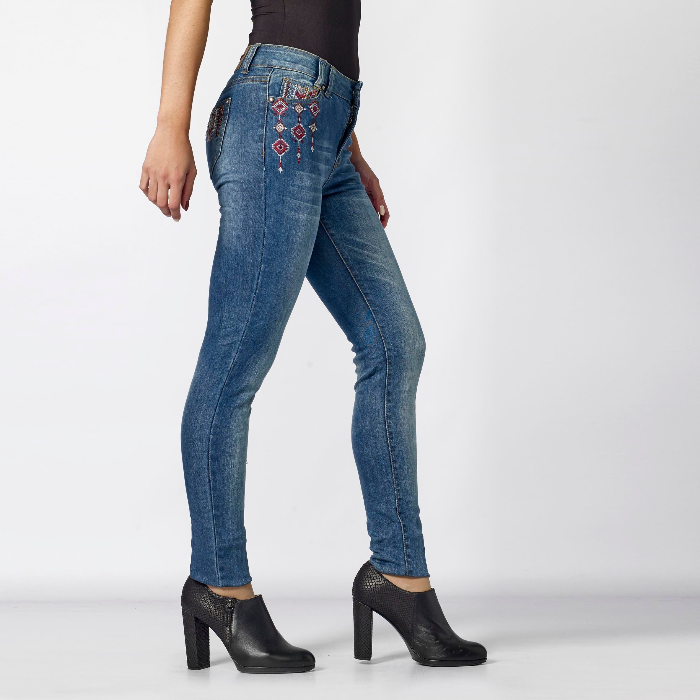 Pantalón Vaquero Skinny Mujer Bordado Étnico – Koroshi Azul Oscuro