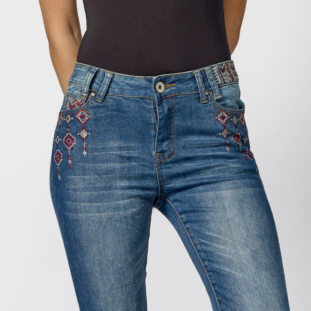 Pantalón Vaquero Skinny Mujer Bordado Étnico – Koroshi Azul Oscuro