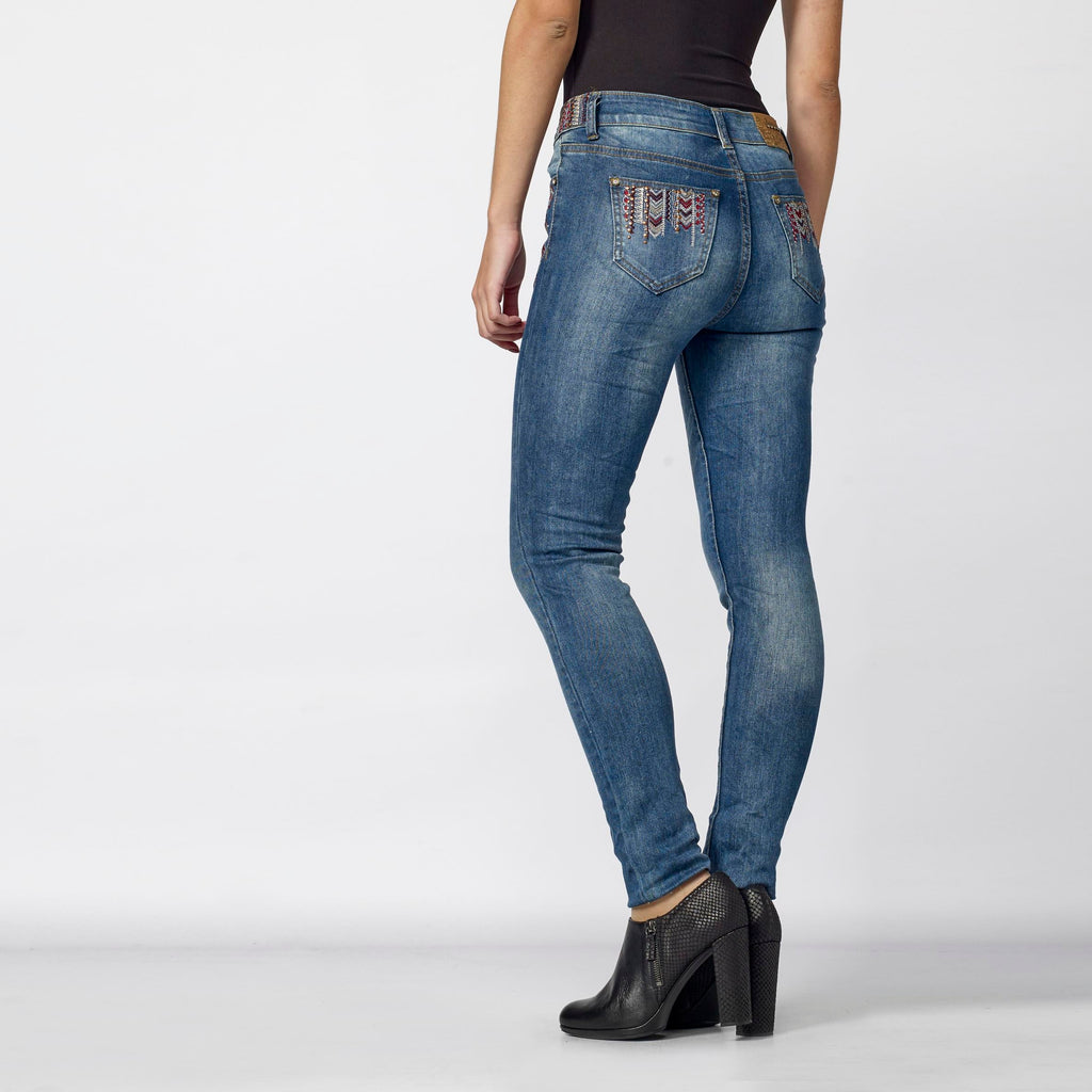 Pantalón Vaquero Skinny Mujer Bordado Étnico – Koroshi Azul Oscuro