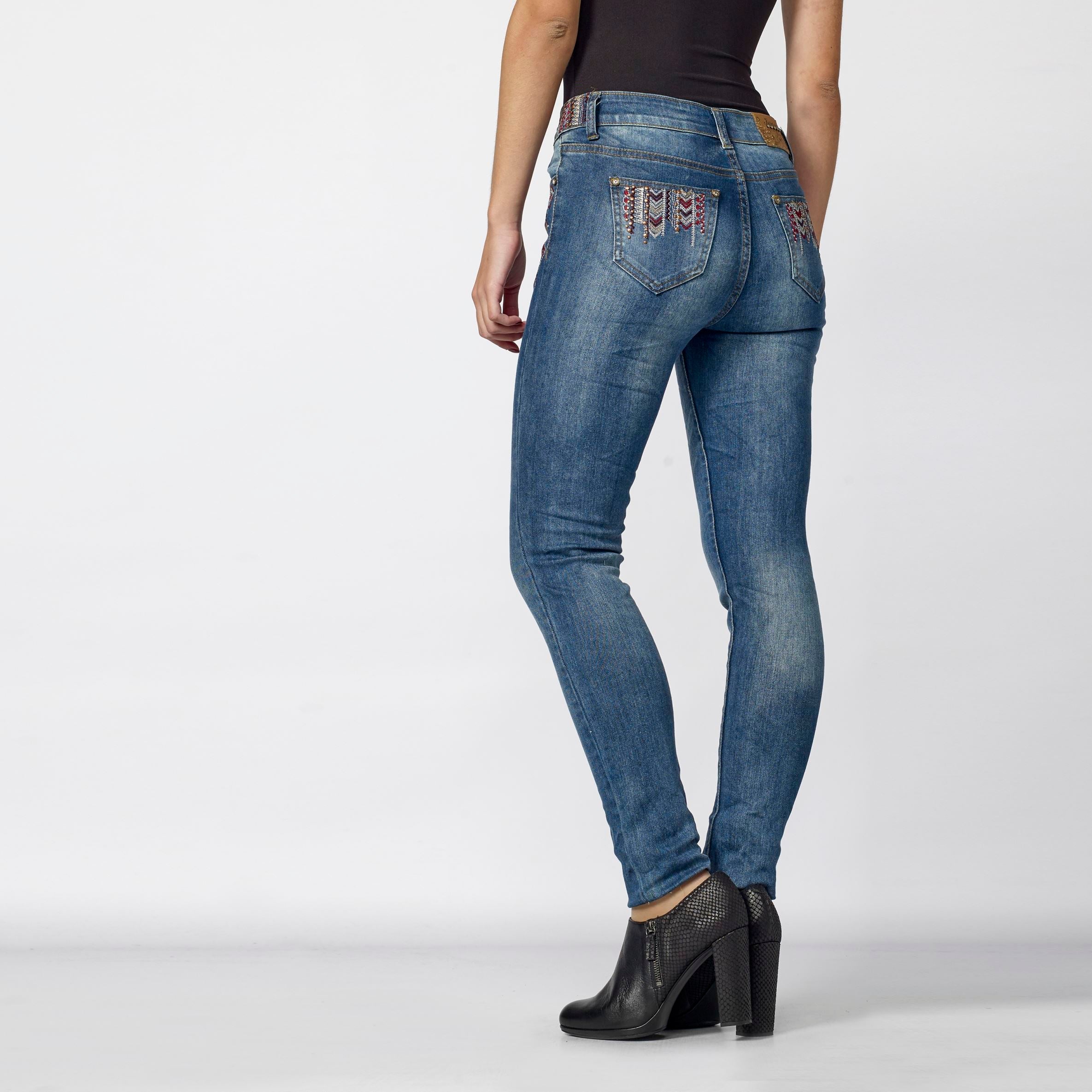 Pantalón Vaquero Skinny Mujer Bordado Étnico – Koroshi Azul Oscuro