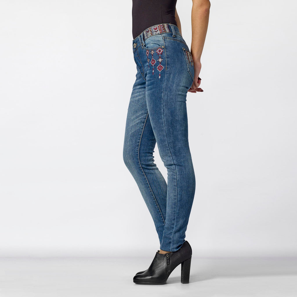 Pantalón Vaquero Skinny Mujer Bordado Étnico – Koroshi Azul Oscuro
