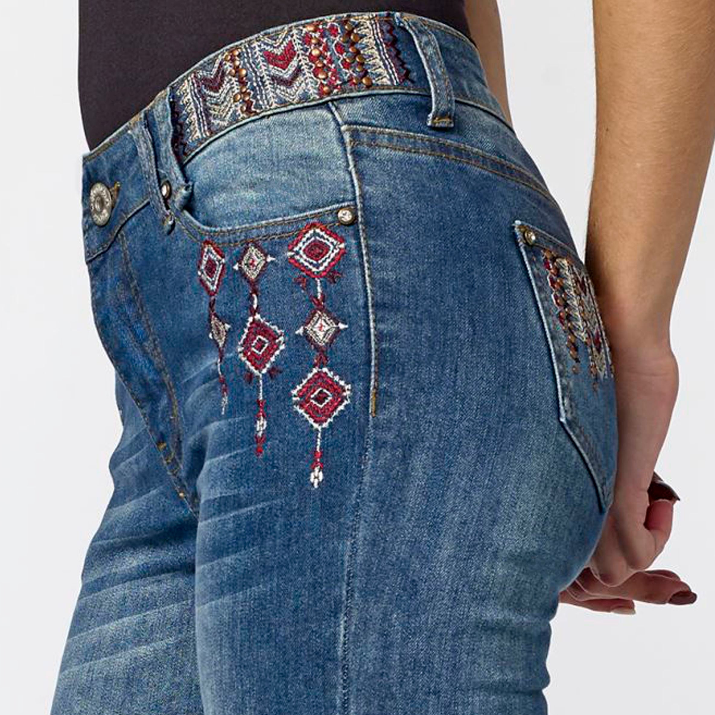 Pantalón Vaquero Skinny Mujer Bordado Étnico – Koroshi Azul Oscuro