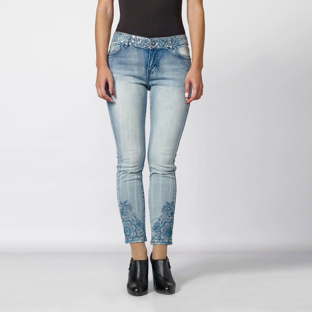 Pantalón Vaquero Skinny Mujer Bordado Mandala – Koroshi Azul Claro