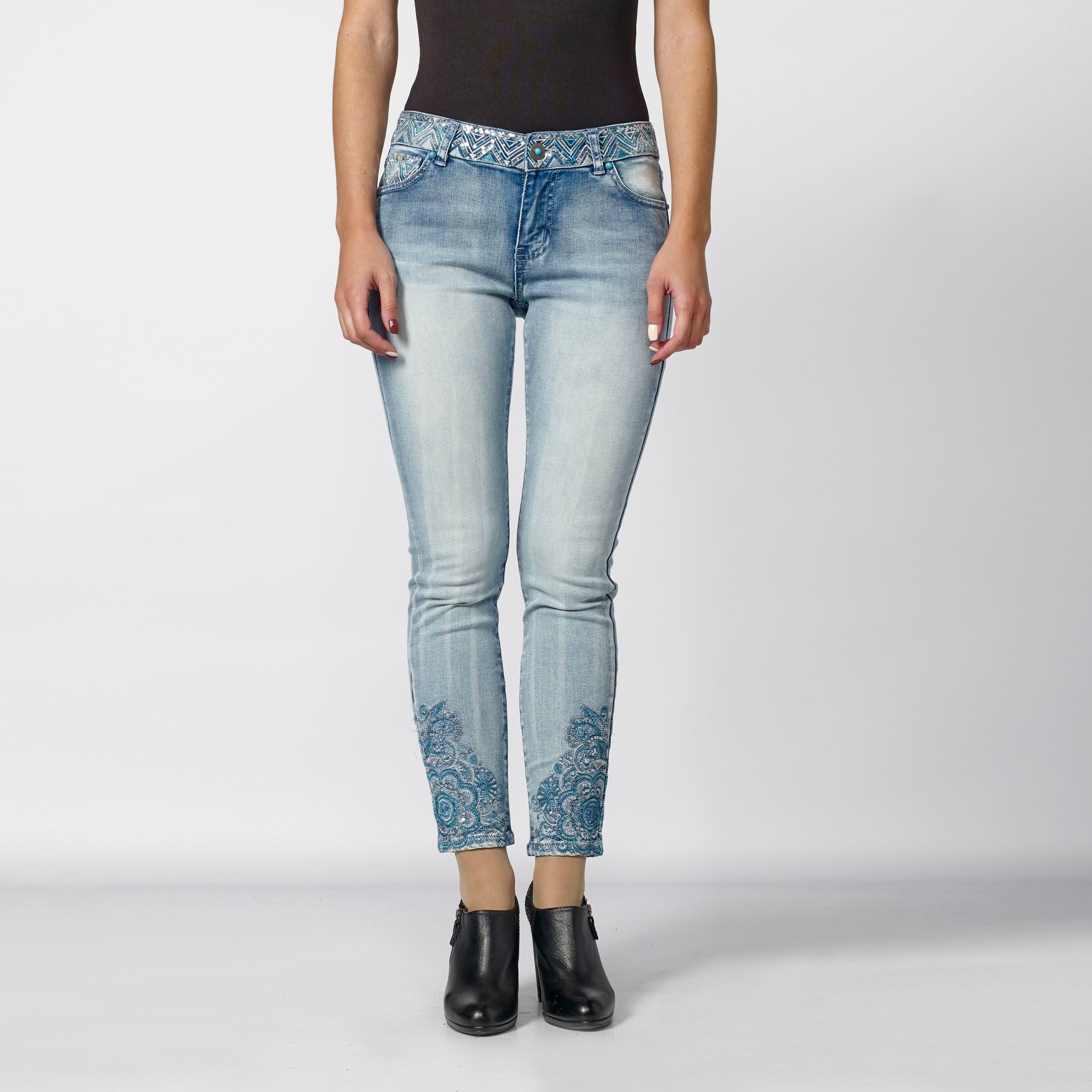 Pantalón Vaquero Skinny Mujer Bordado Mandala – Koroshi Azul Claro