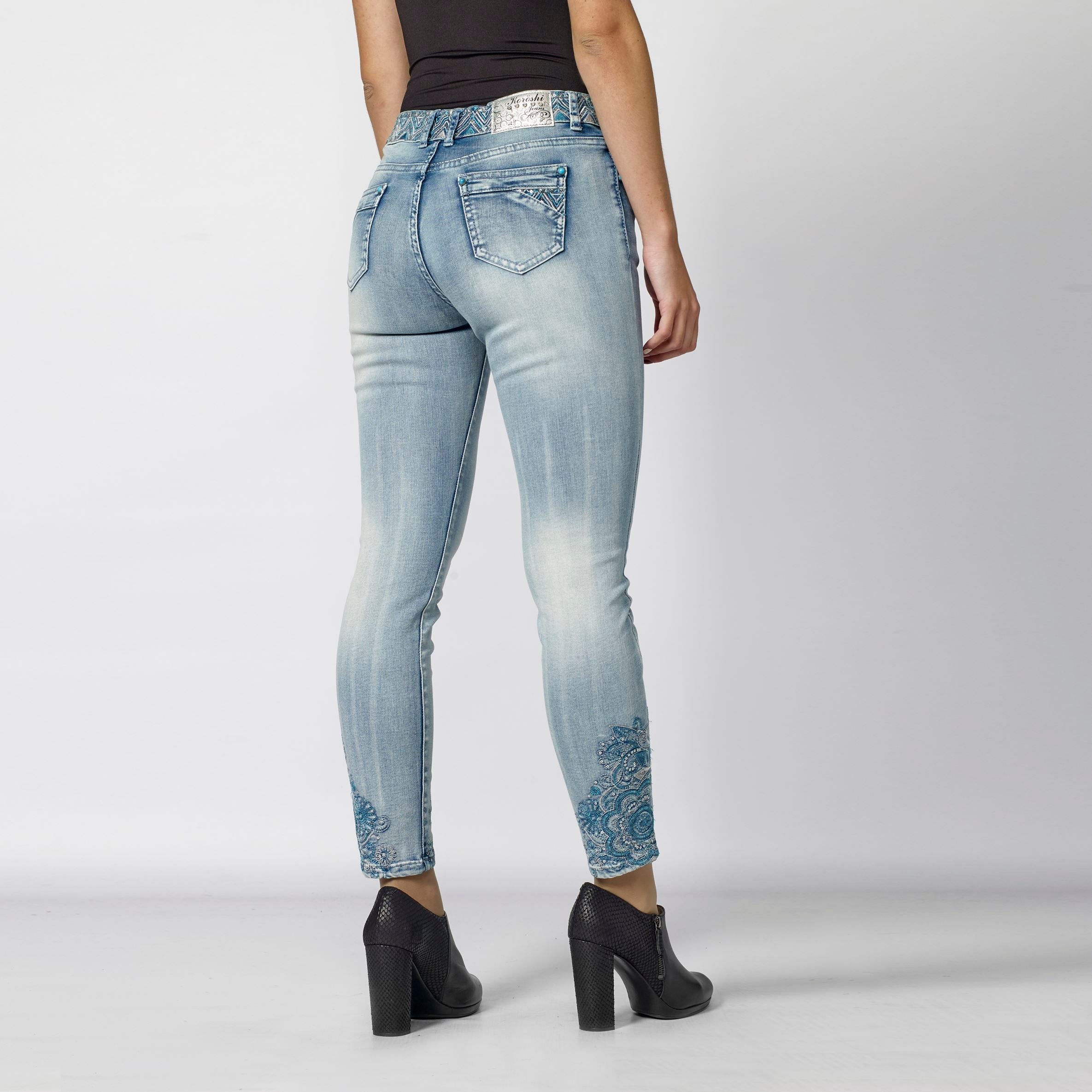 Pantalón Vaquero Skinny Mujer Bordado Mandala – Koroshi Azul Claro