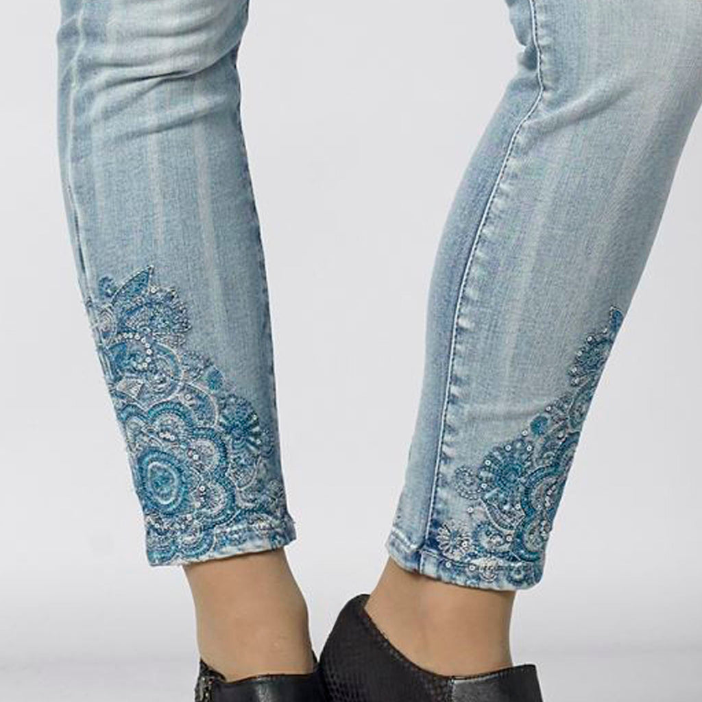 Pantalón Vaquero Skinny Mujer Bordado Mandala – Koroshi Azul Claro