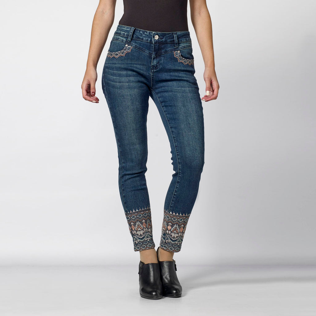 Pantalón Vaquero Slim Mujer con Bordado Étnico en el Bajo – Koroshi Azul Oscuro
