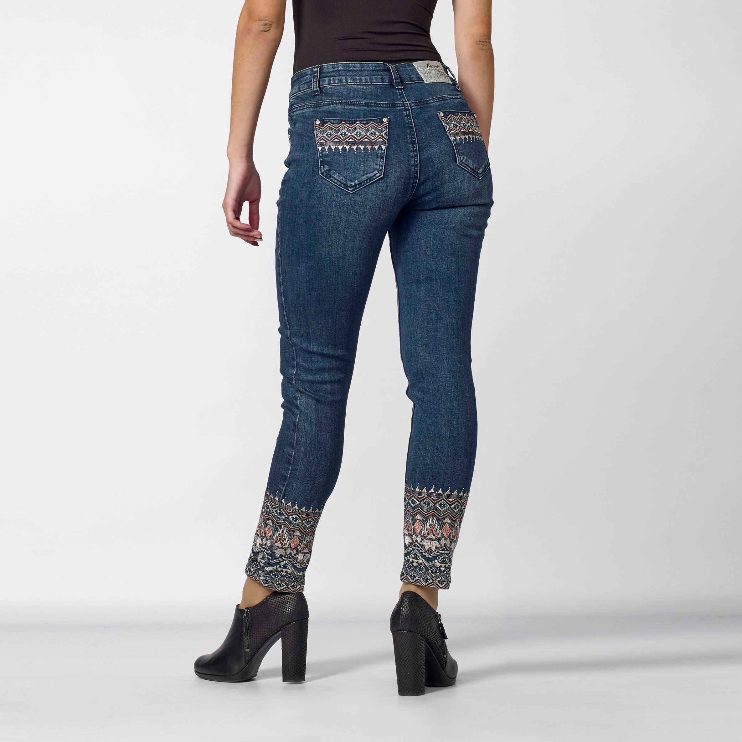 Pantalón Vaquero Slim Mujer con Bordado Étnico en el Bajo – Koroshi Azul Oscuro