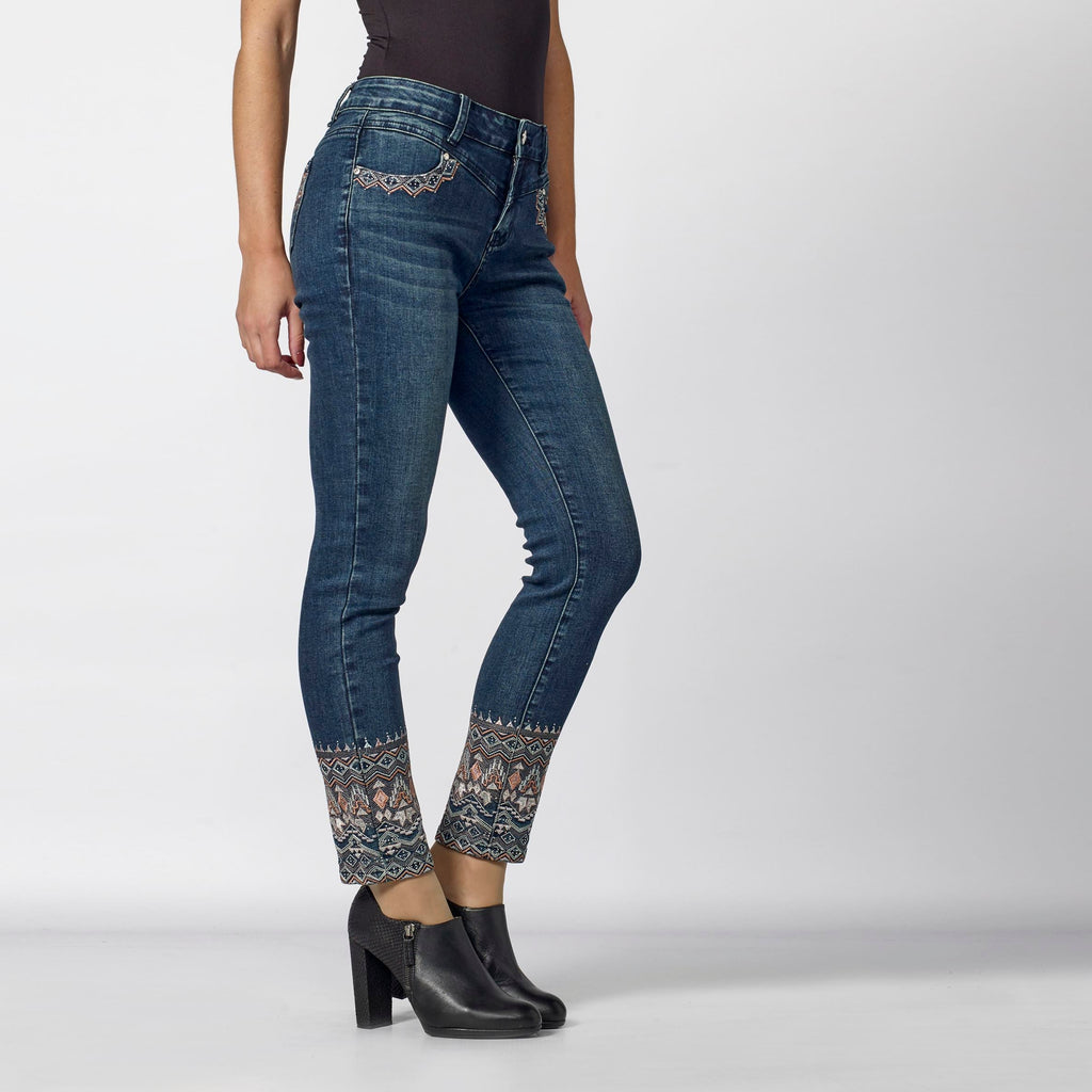 Pantalón Vaquero Slim Mujer con Bordado Étnico en el Bajo – Koroshi Azul Oscuro