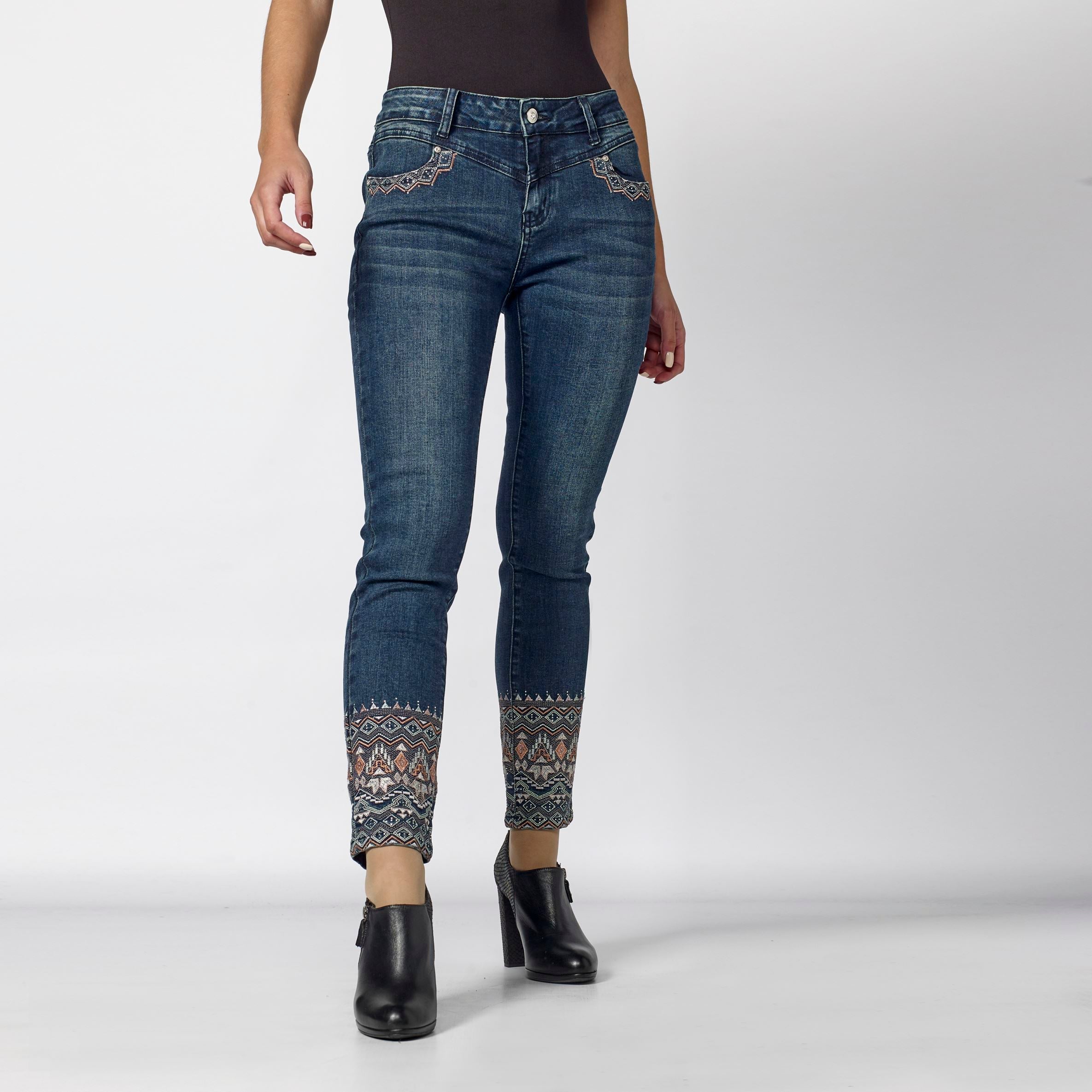 Pantalón Vaquero Slim Mujer con Bordado Étnico en el Bajo – Koroshi Azul Oscuro