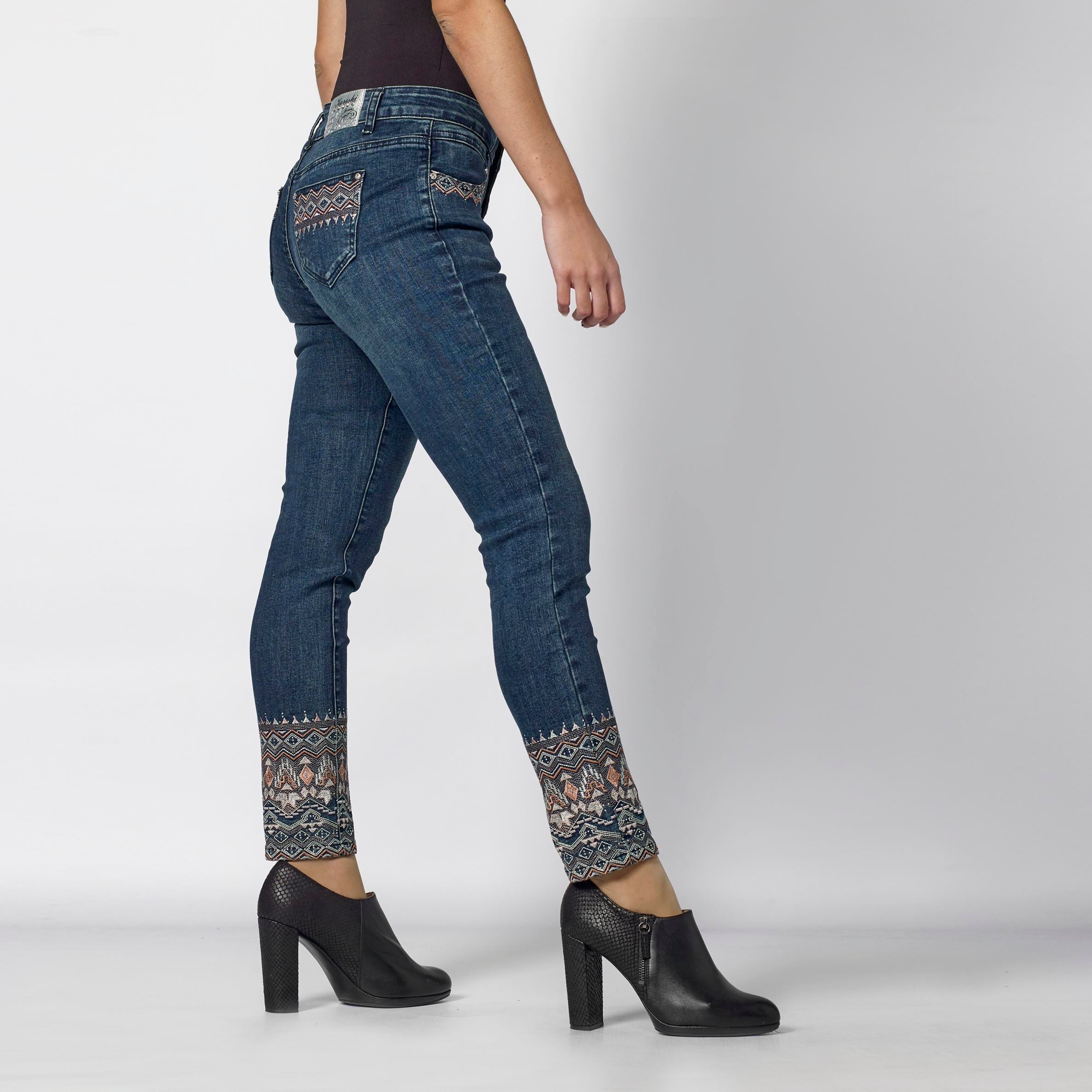 Pantalón Vaquero Slim Mujer con Bordado Étnico en el Bajo – Koroshi Azul Oscuro