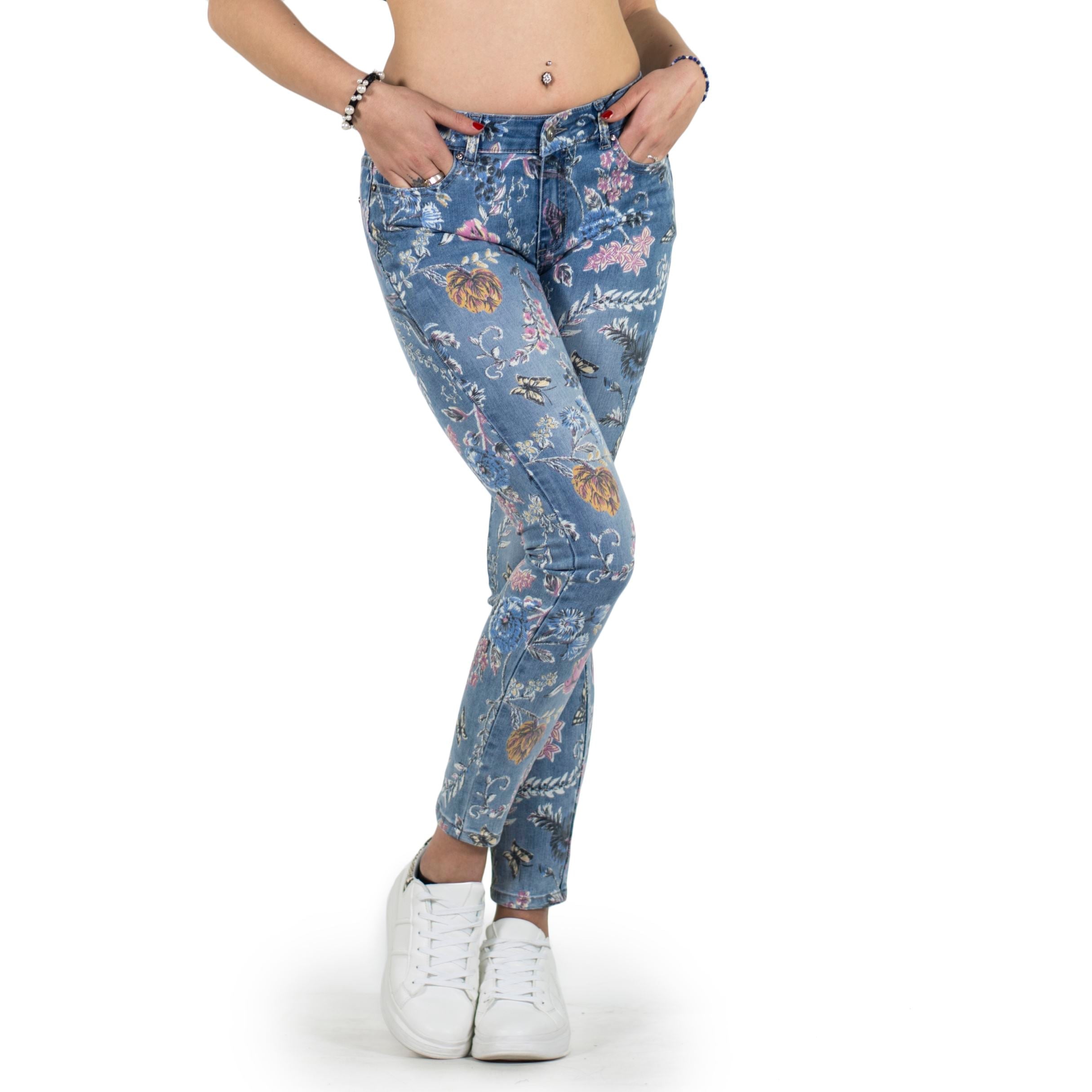 Pantalón Vaquero Mujer Slim Estampado Floral – Koroshi Azul Medio
