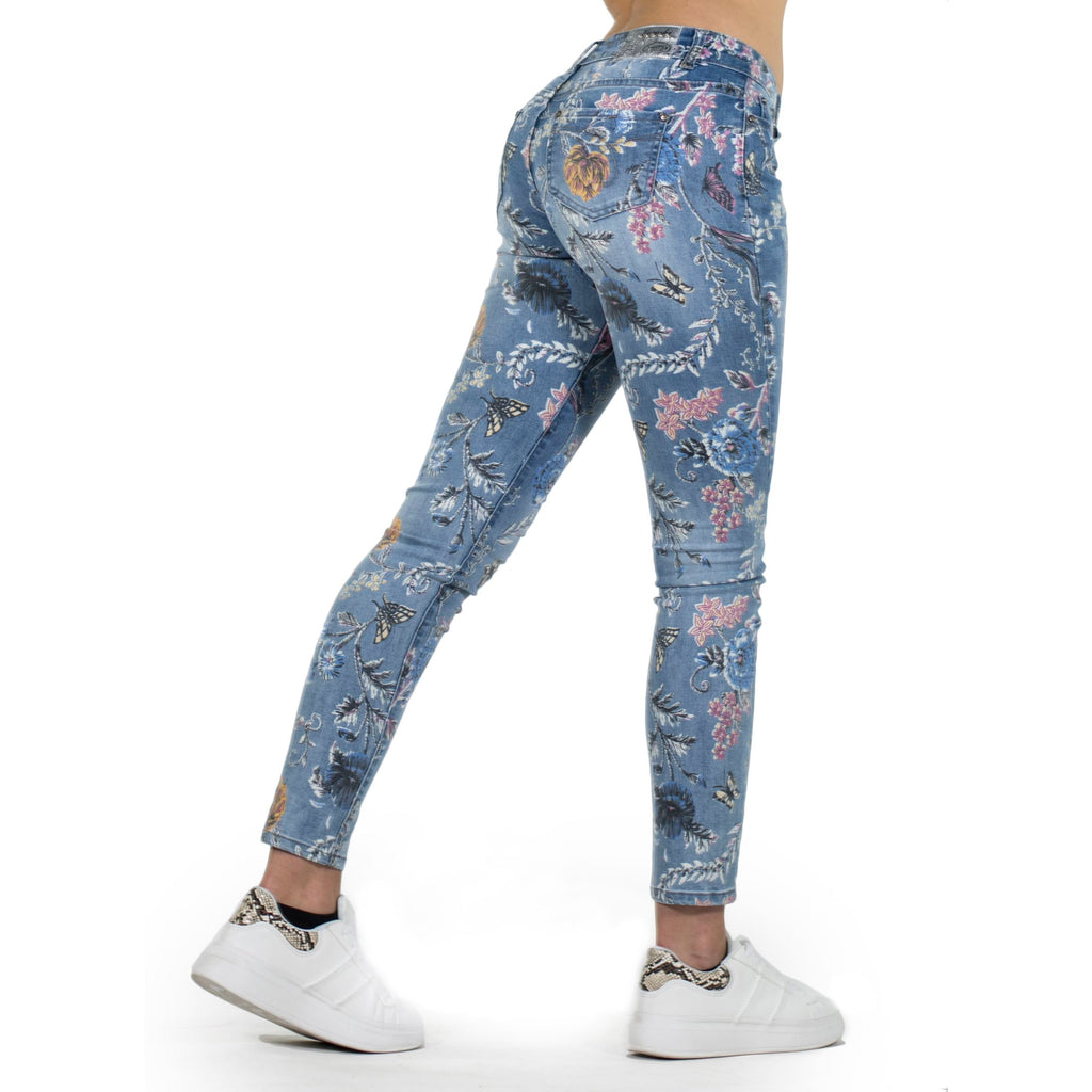 Pantalón Vaquero Mujer Slim Estampado Floral – Koroshi Azul Medio