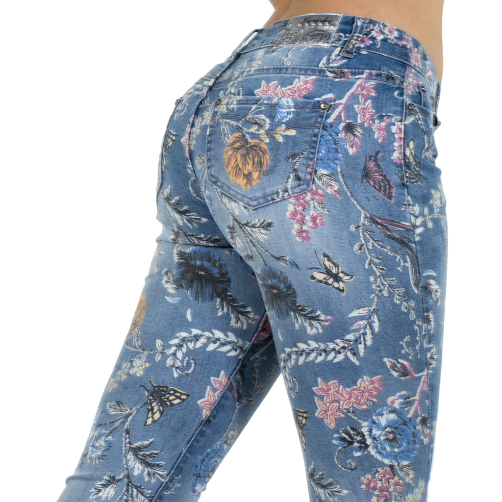 Pantalón Vaquero Mujer Slim Estampado Floral – Koroshi Azul Medio