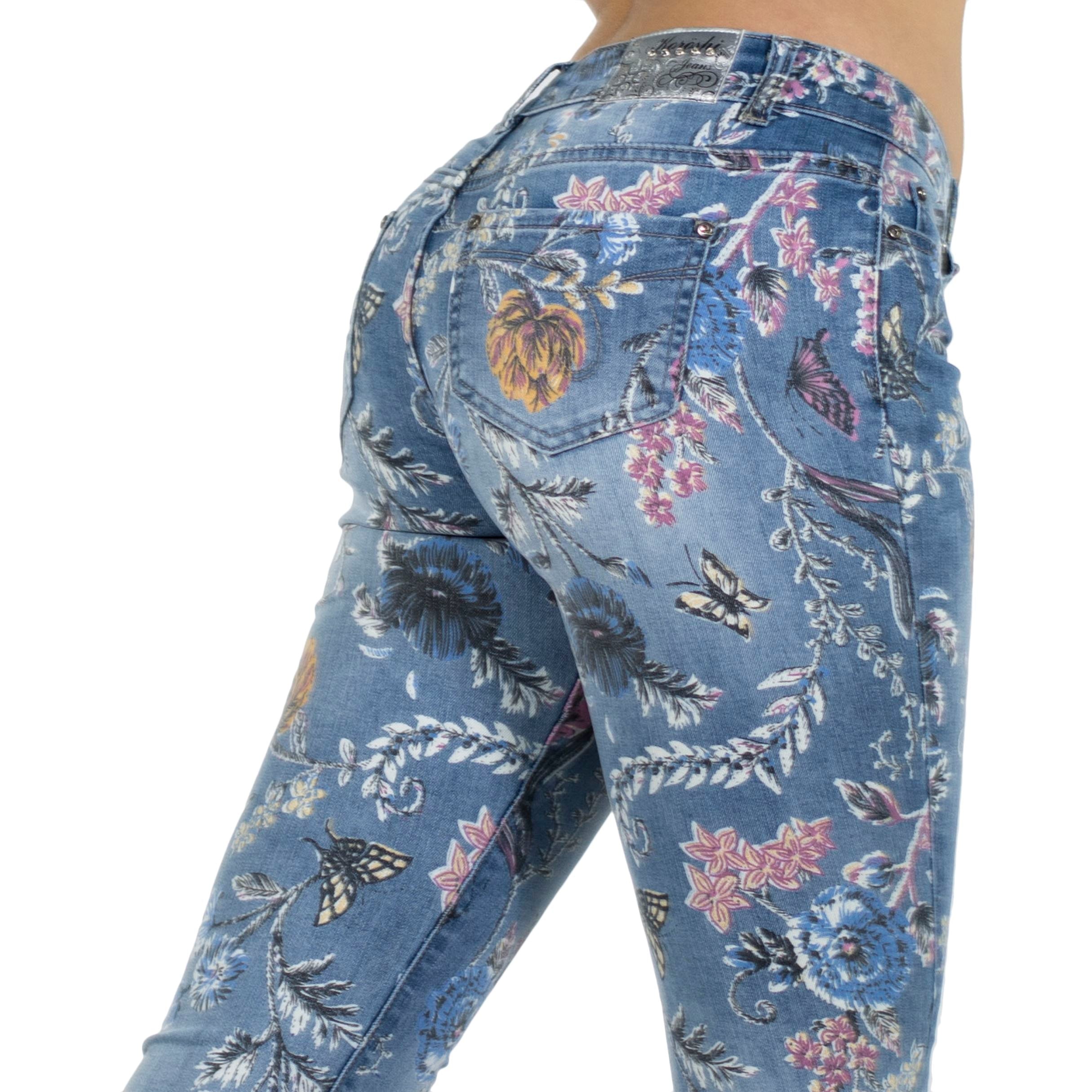 Pantalón Vaquero Mujer Slim Estampado Floral – Koroshi Azul Medio