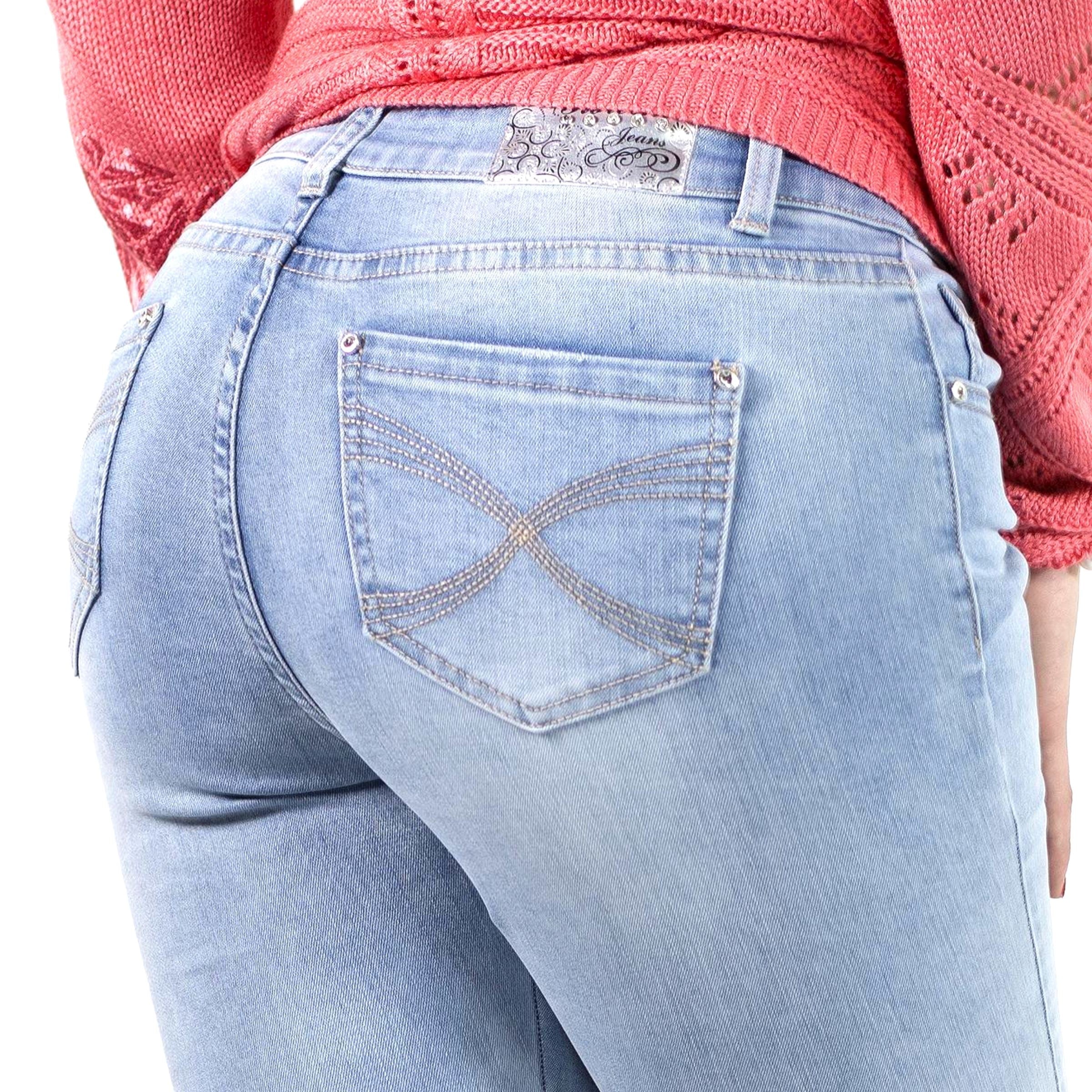 Pantalón Vaquero Tobillero Mujer Slim Bordado – Koroshi Azul Medio