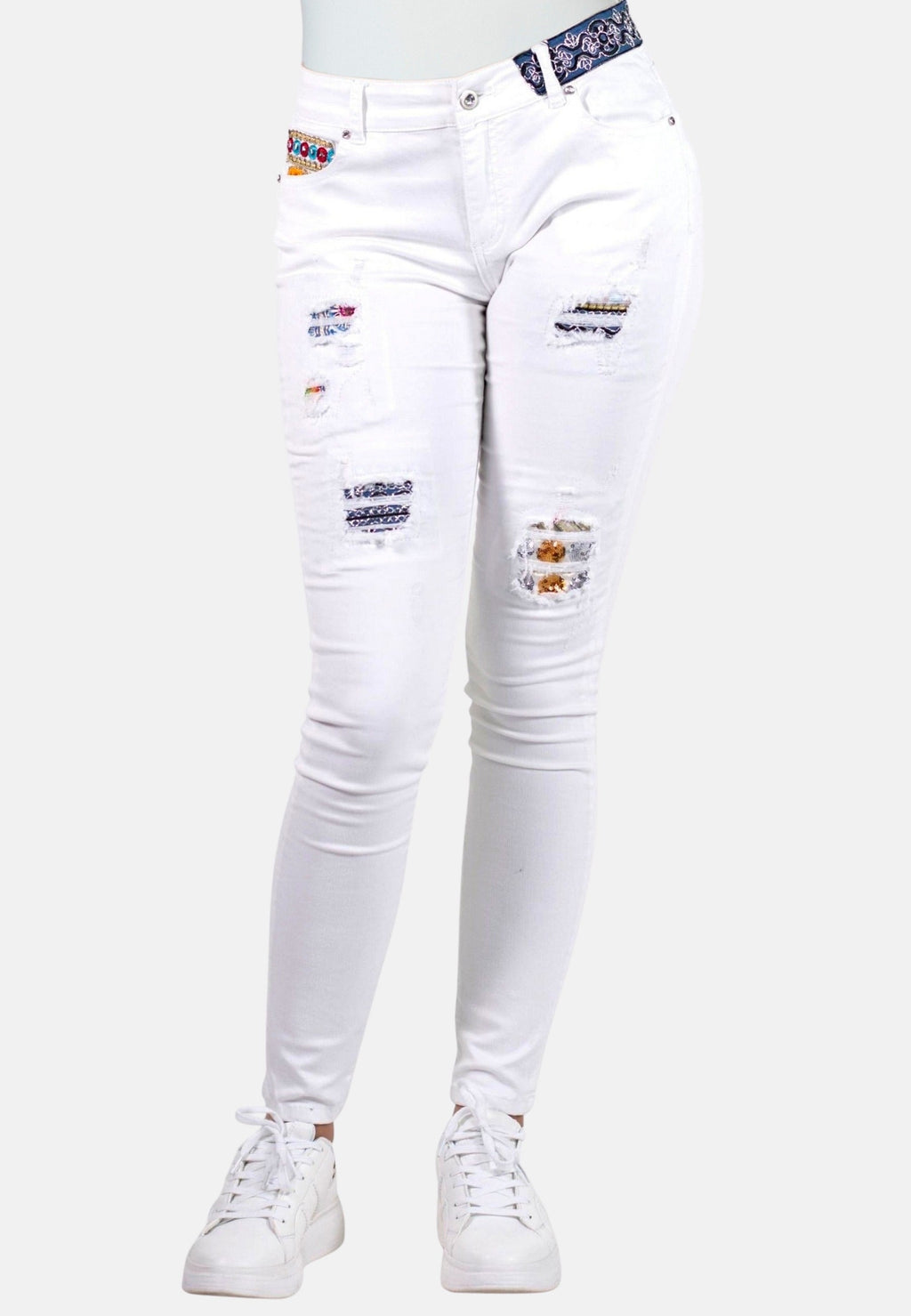 Pantalón Skinny Mujer Efecto Roto con Parches Étnicos – Koroshi 2012PT35