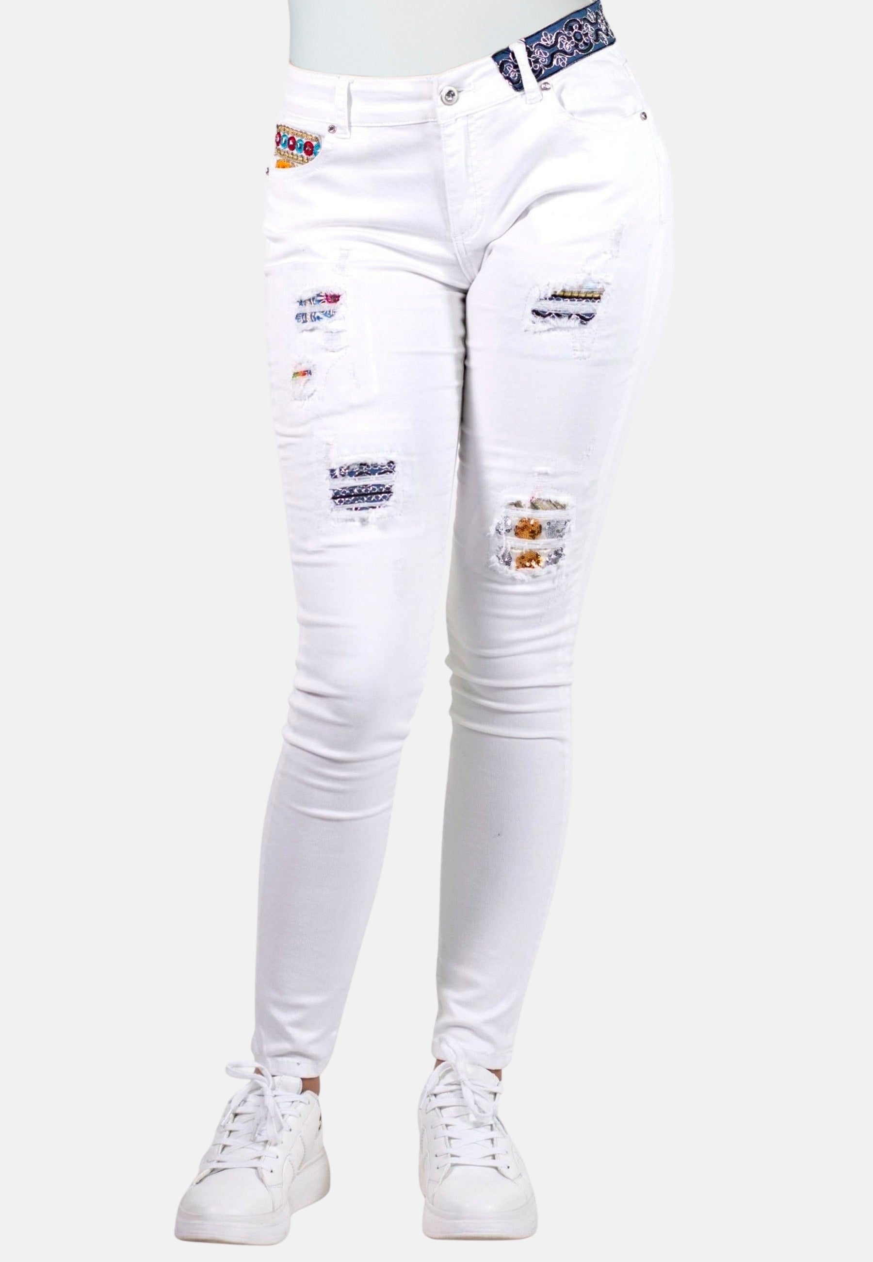 Pantalón Skinny Mujer Efecto Roto con Parches Étnicos – Koroshi 2012PT35