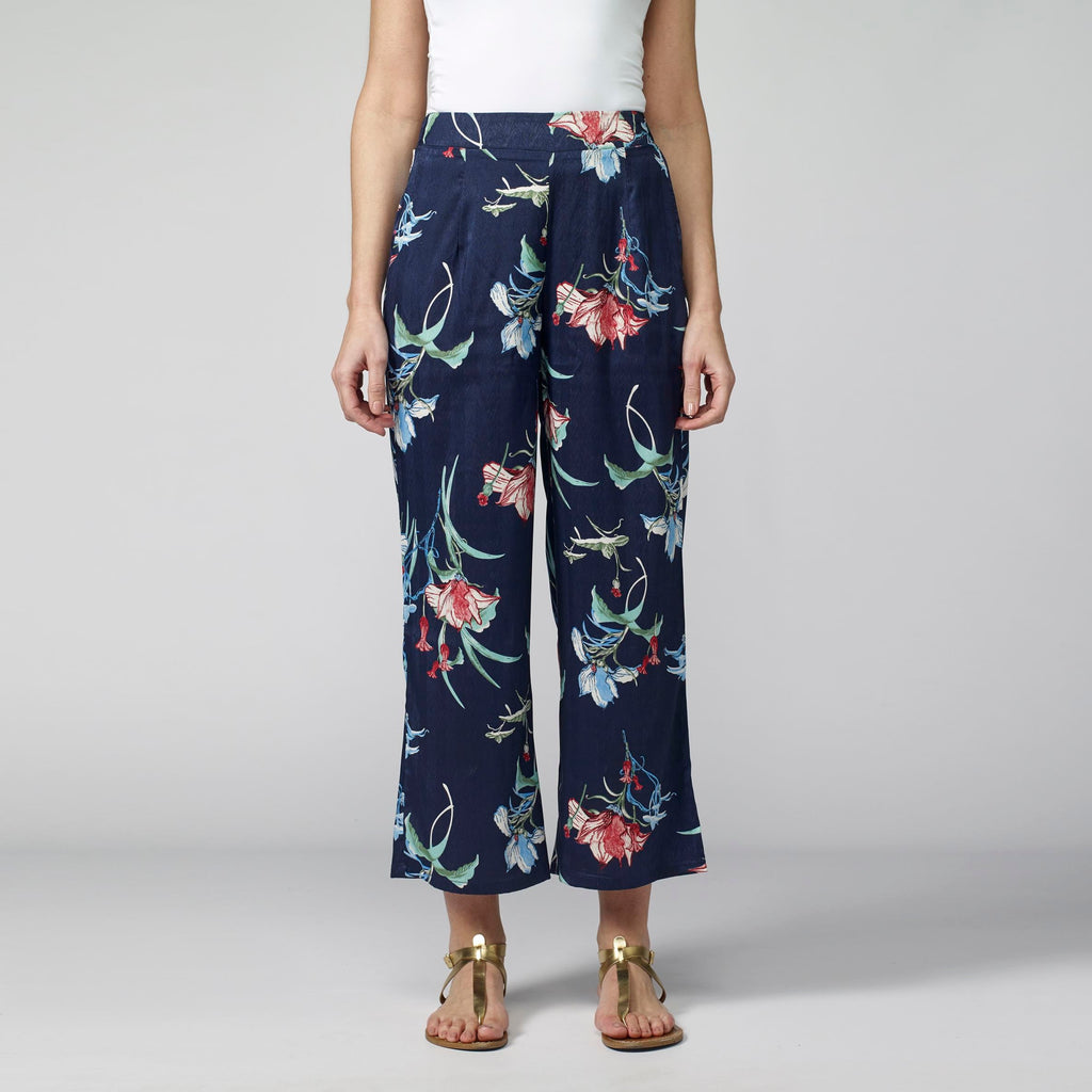 Pantalón Fluido Tobillero Mujer Estampado Floral – Koroshi Azul Marino