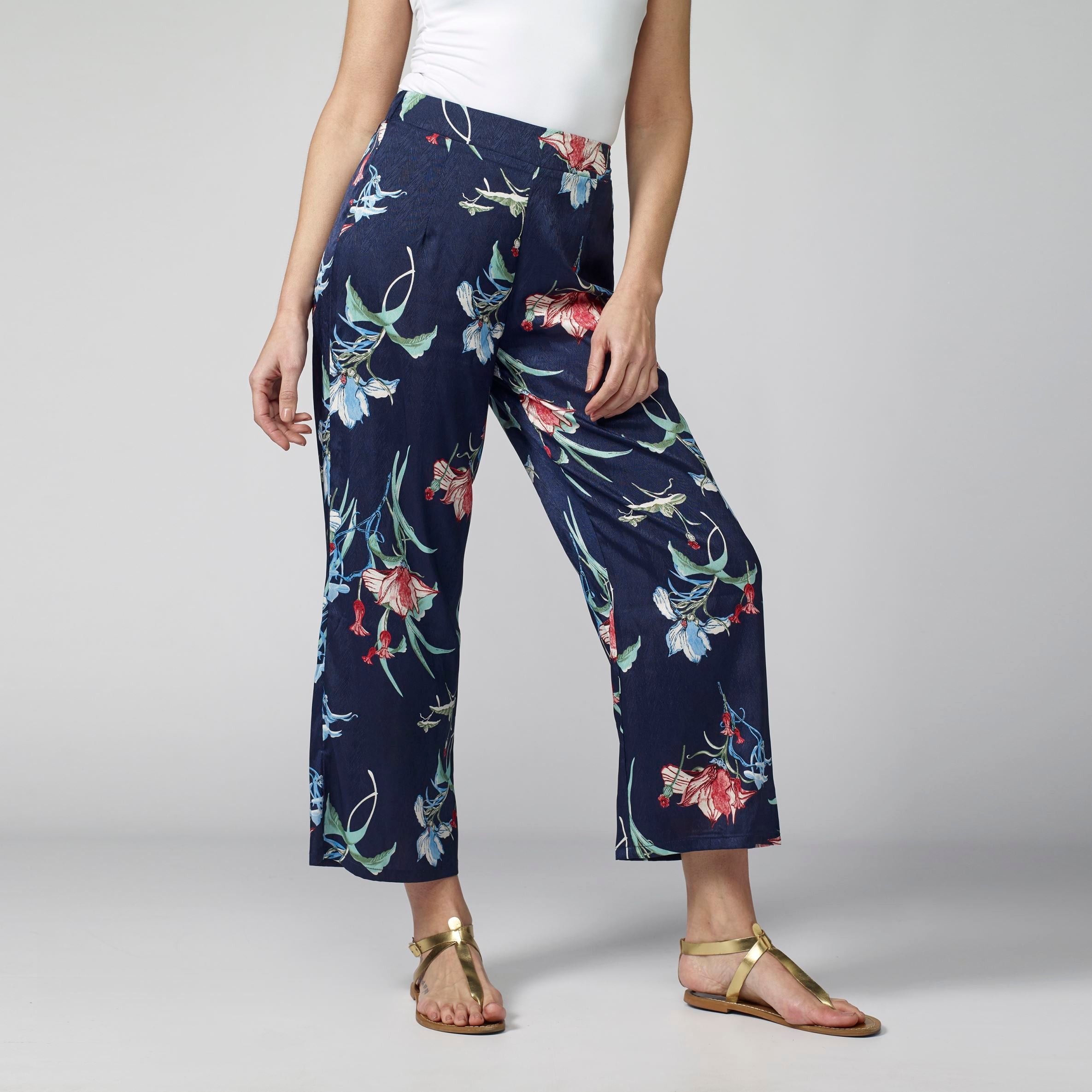 Pantalón Fluido Tobillero Mujer Estampado Floral – Koroshi Azul Marino