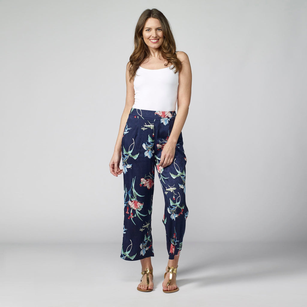 Pantalón Fluido Tobillero Mujer Estampado Floral – Koroshi Azul Marino