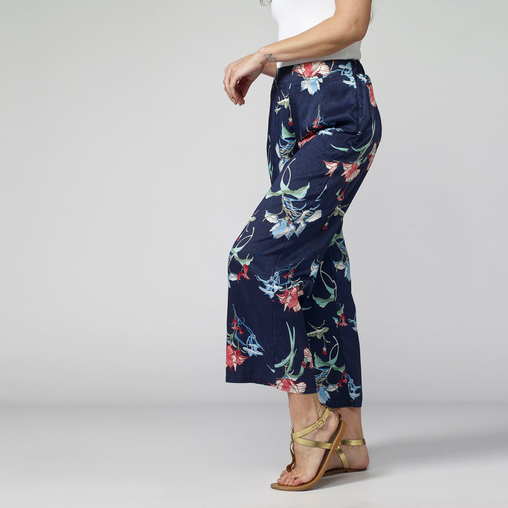 Pantalón Fluido Tobillero Mujer Estampado Floral – Koroshi Azul Marino