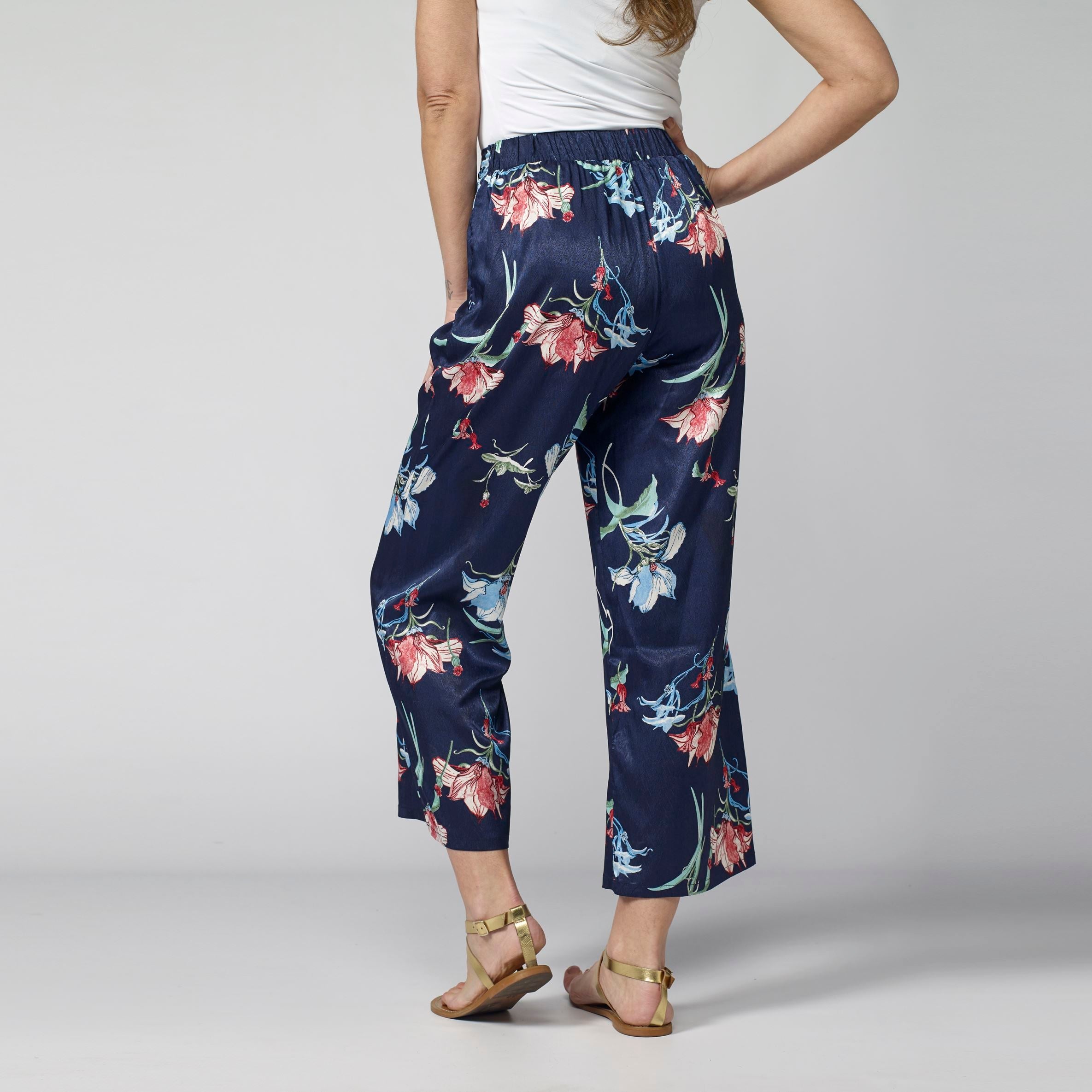 Pantalón Fluido Tobillero Mujer Estampado Floral – Koroshi Azul Marino