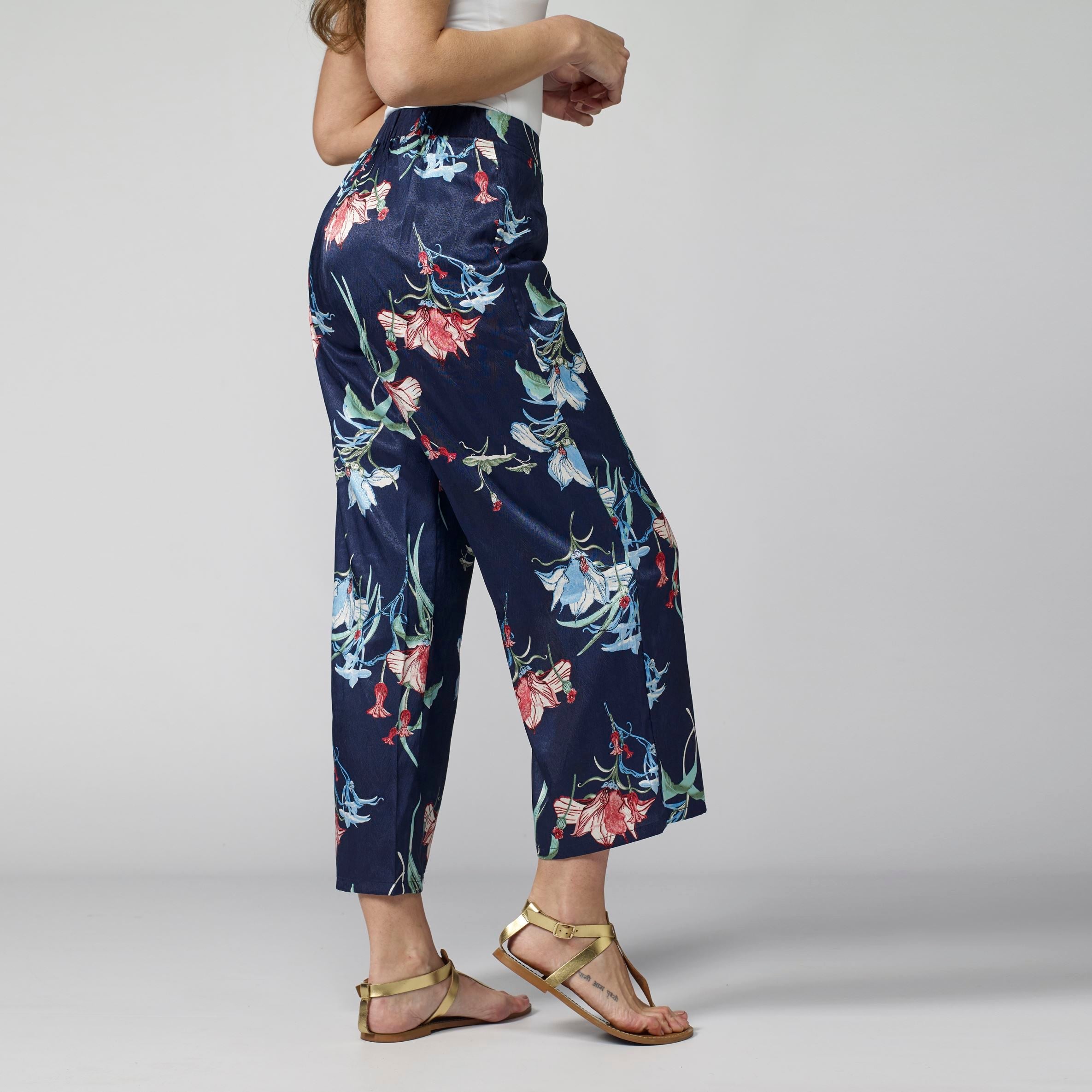 Pantalón Fluido Tobillero Mujer Estampado Floral – Koroshi Azul Marino