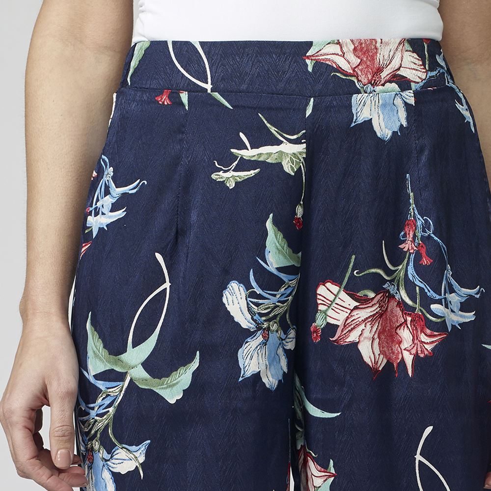 Pantalón Fluido Tobillero Mujer Estampado Floral – Koroshi Azul Marino