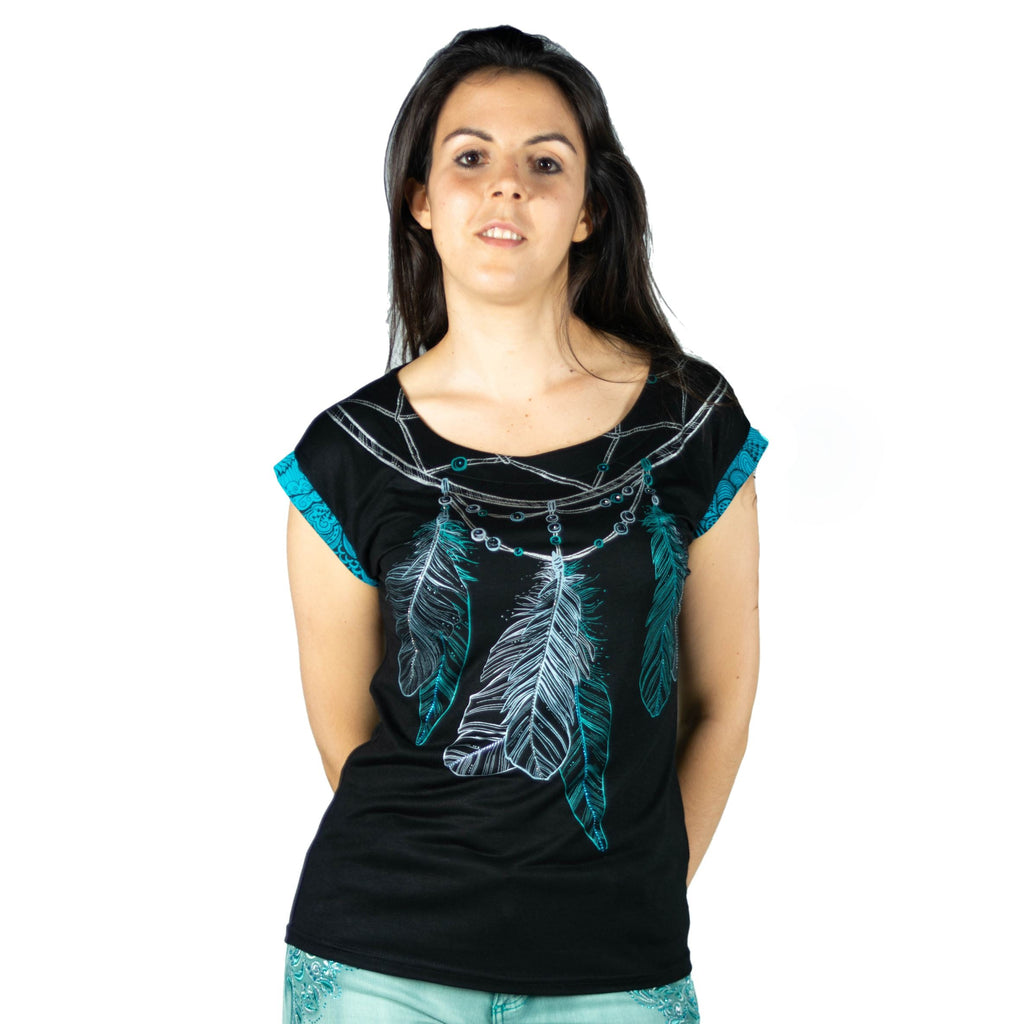 Top Mujer Manga Corta Estampado Plumas – Koroshi Negro