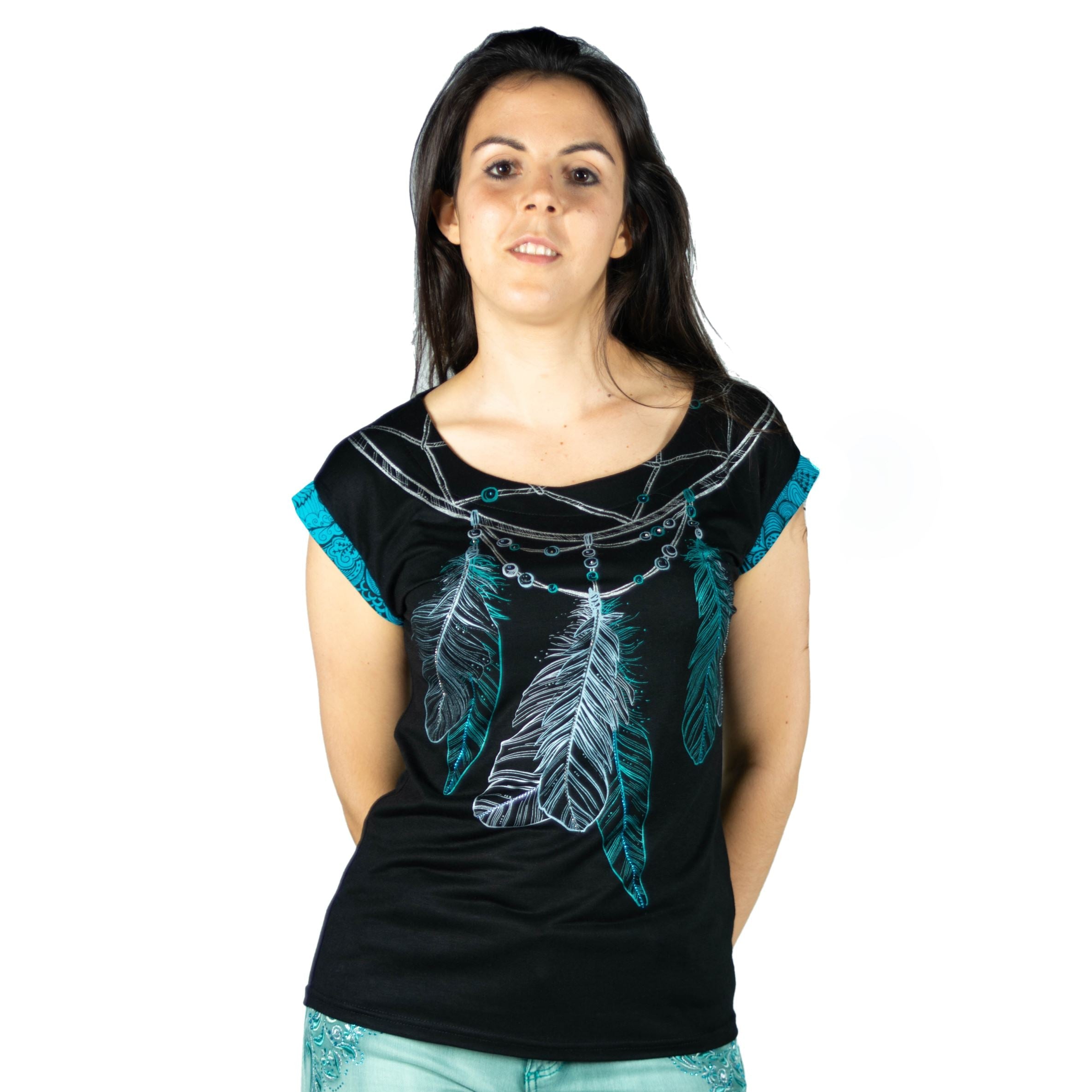 Top Mujer Manga Corta Estampado Plumas – Koroshi Negro