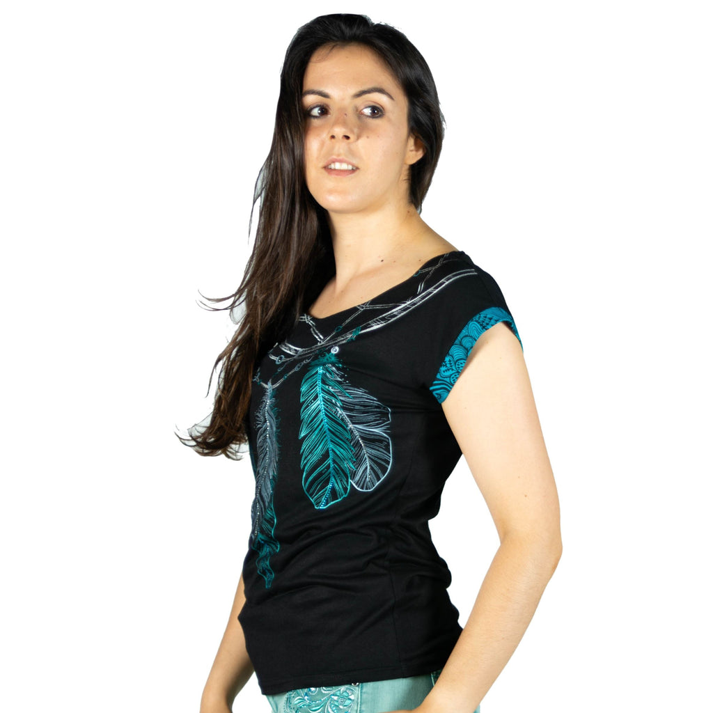 Top Mujer Manga Corta Estampado Plumas – Koroshi Negro